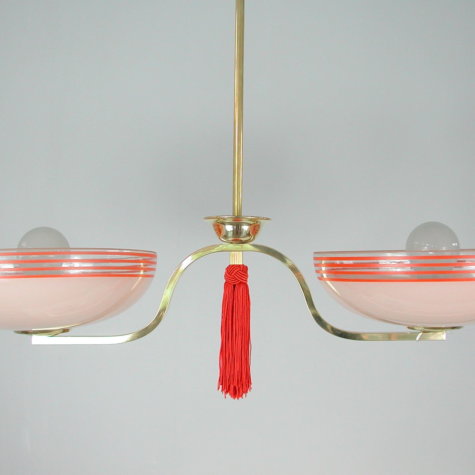Brass German 1930s Pale Pink and Red Chandelier