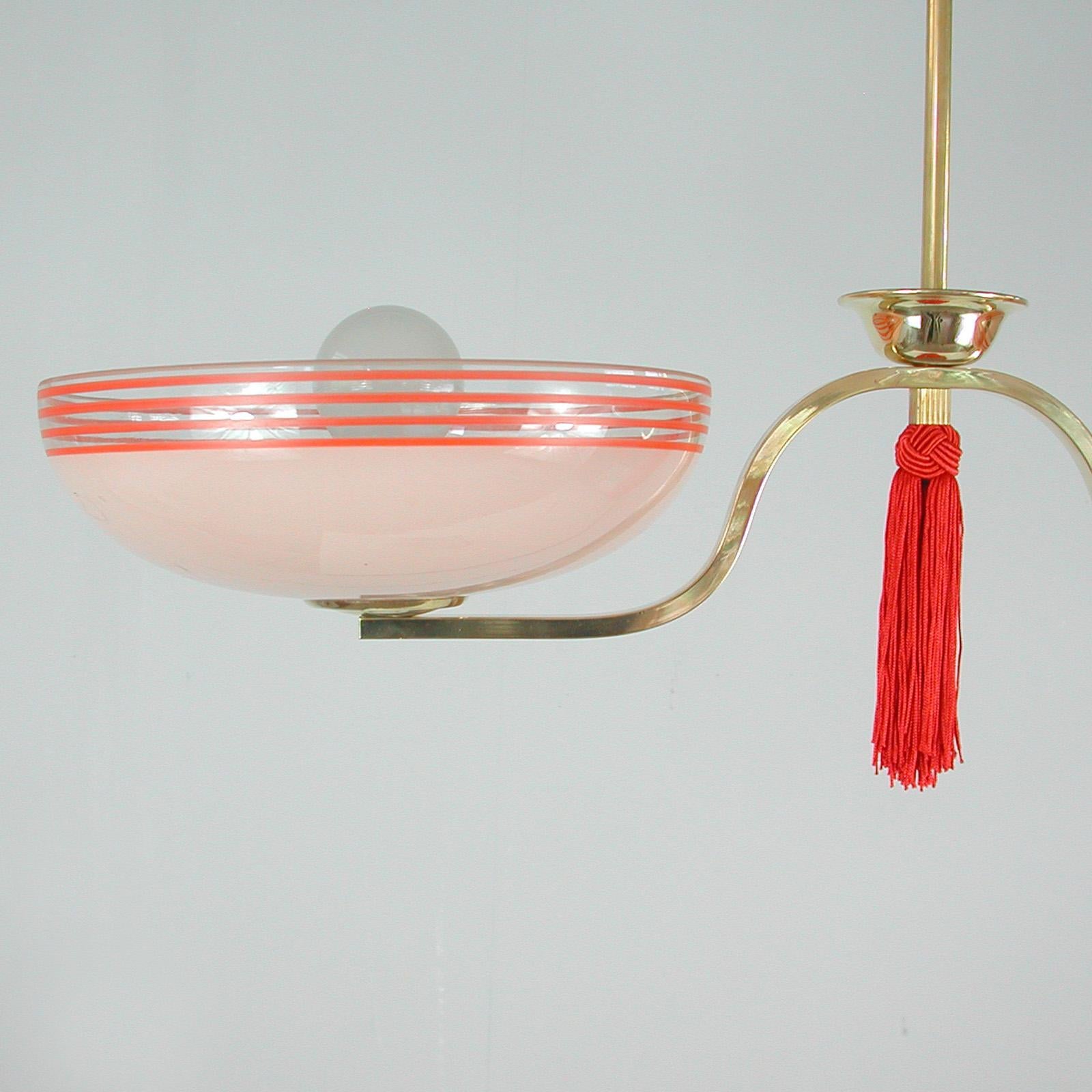 German 1930s Pale Pink and Red Chandelier 1