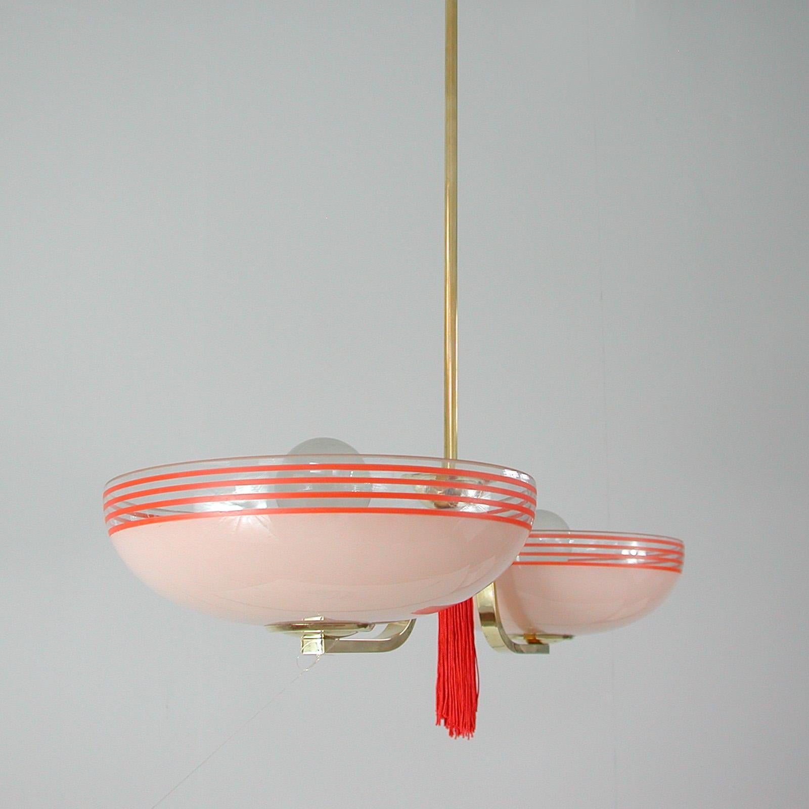 German 1930s Pale Pink and Red Chandelier 2
