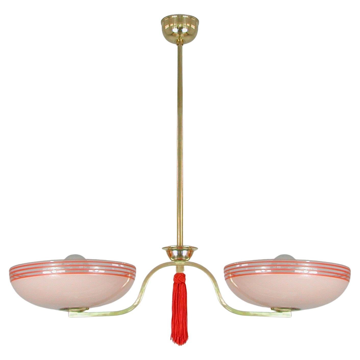 German 1930s Pale Pink and Red Chandelier