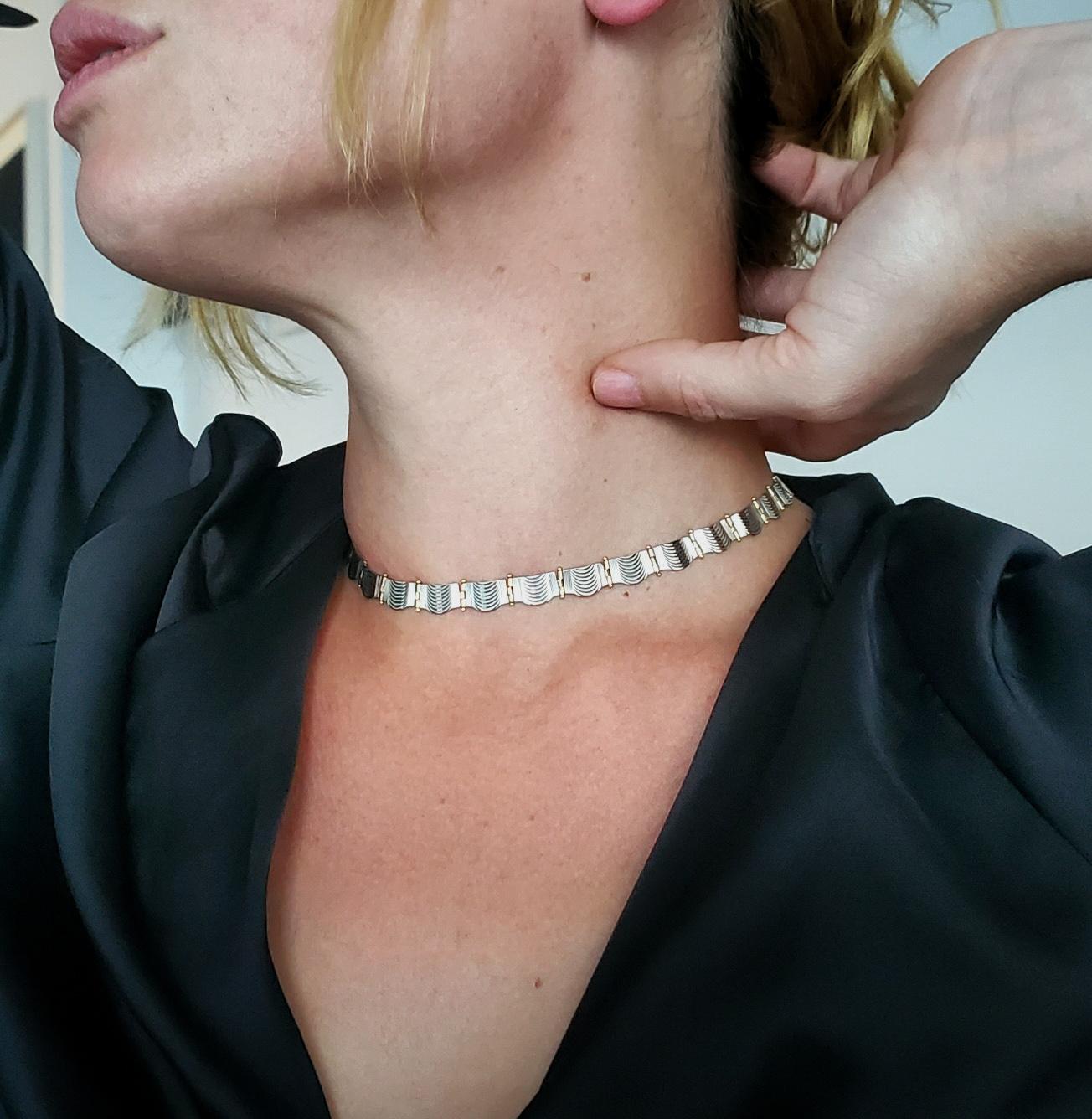 German art deco retro collar necklace.

Beautiful necklace with industrial look, created in the northern Europe, surely in Germany during the transitional periods of the art deco and the retro, circa 1935. This necklace choker has a great eye appeal