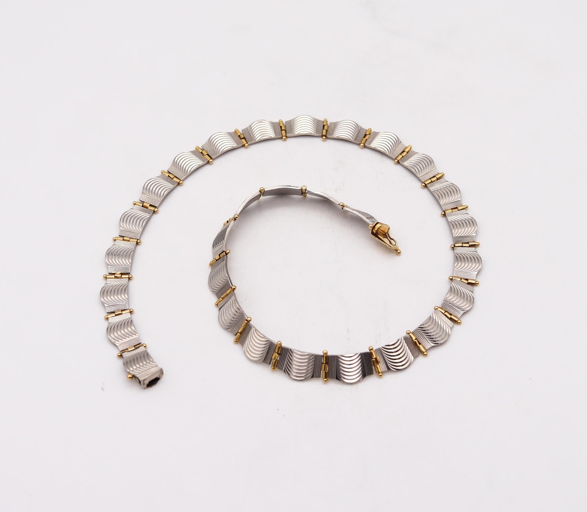 German 1935 Art Deco Undulated Patterns Collar Necklace Platinum and 18Kt Gold For Sale 1