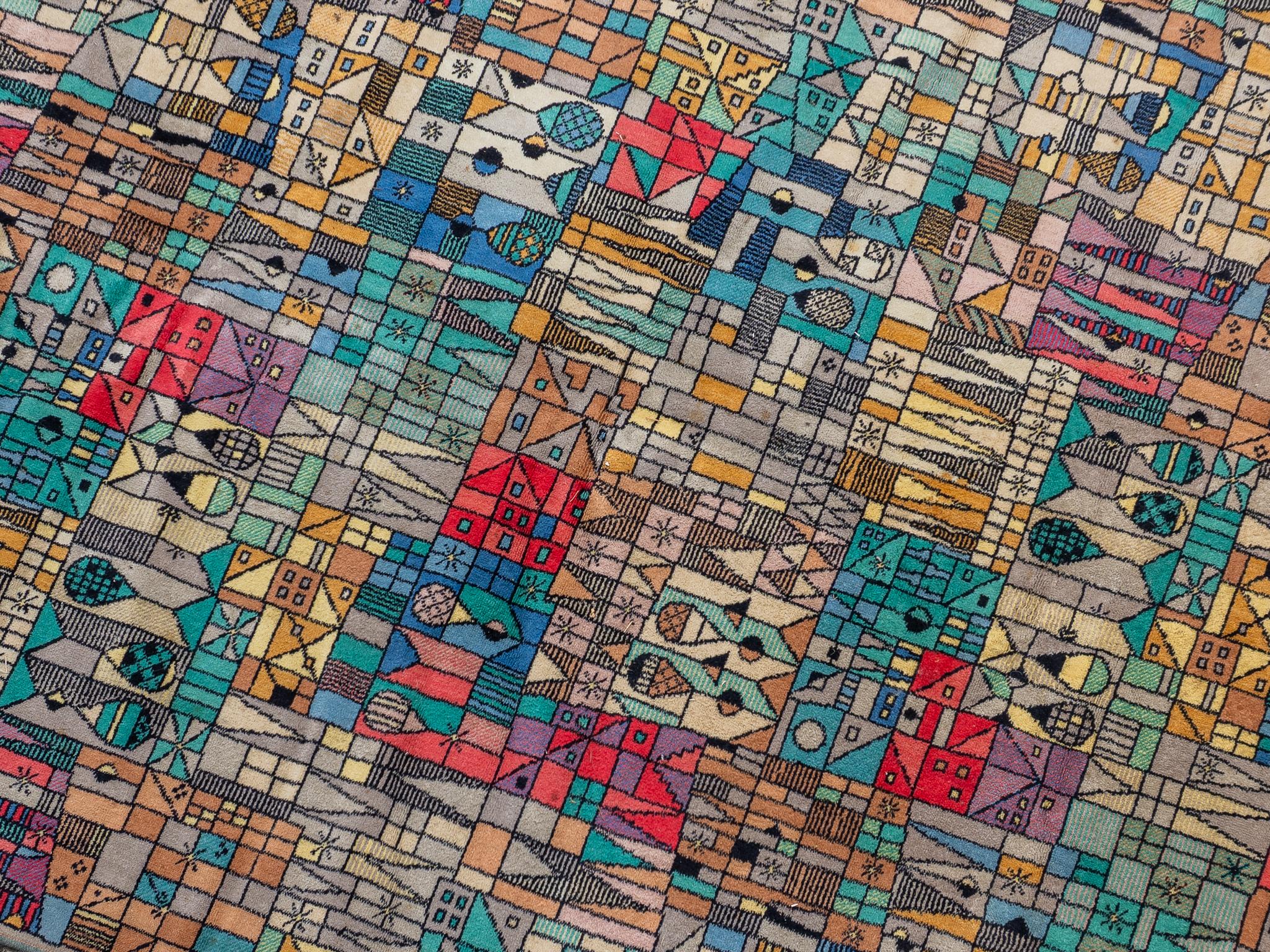 Abstract City landscape Carpet in multi colors blue, grey, black, green, red and yellow.Large Impressive Vorwerk Manufacturer,Germany. In original very good condition. This is such an impressive rug instead of a carpet that also looks great as a