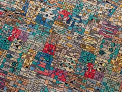 Alfombra Pop Art alemana de lana azul y verde diseñada en los años 60 por Vorwerk