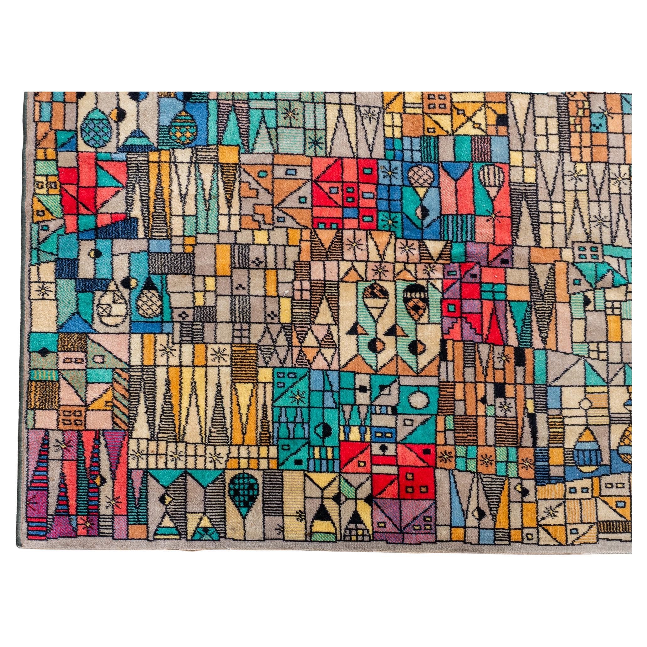 German 1960s Designed Wool Blue and Green Pop Art Carpet by Vorwerk