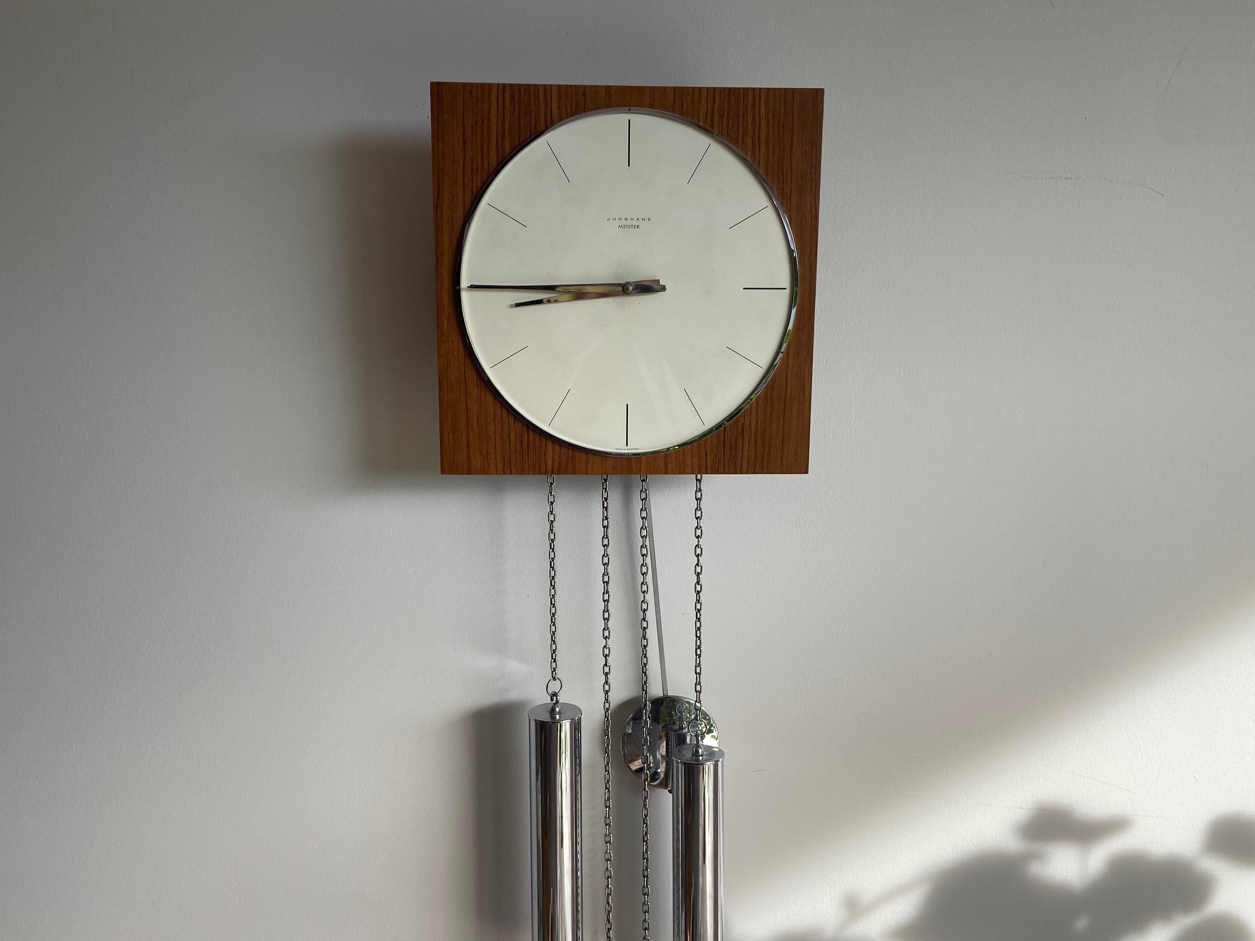 German 1960s Junghans Meister Pendulum + Weights + Gong Wall Clock 2