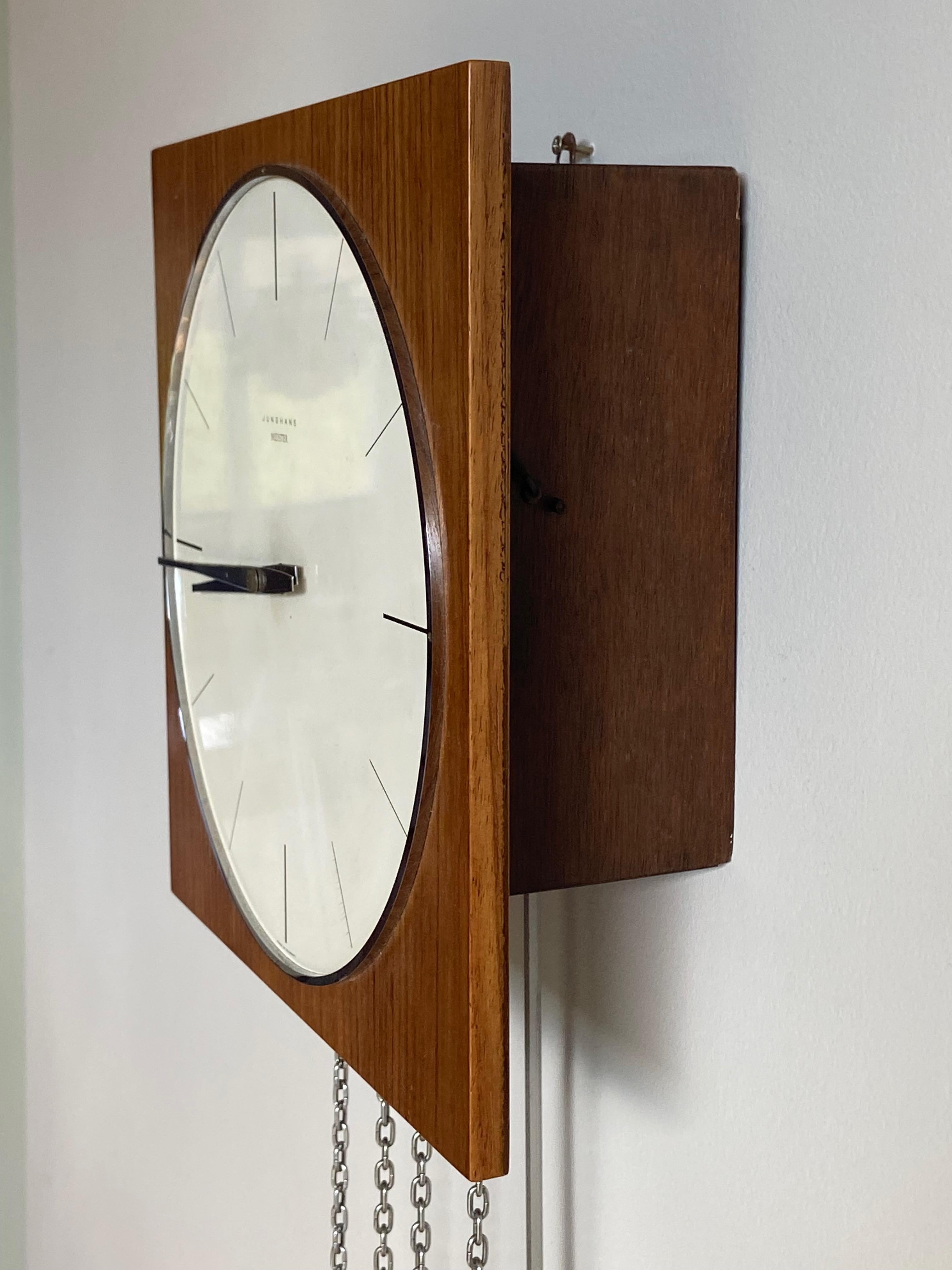 Mid-20th Century German 1960s Junghans Meister Pendulum + Weights + Gong Wall Clock