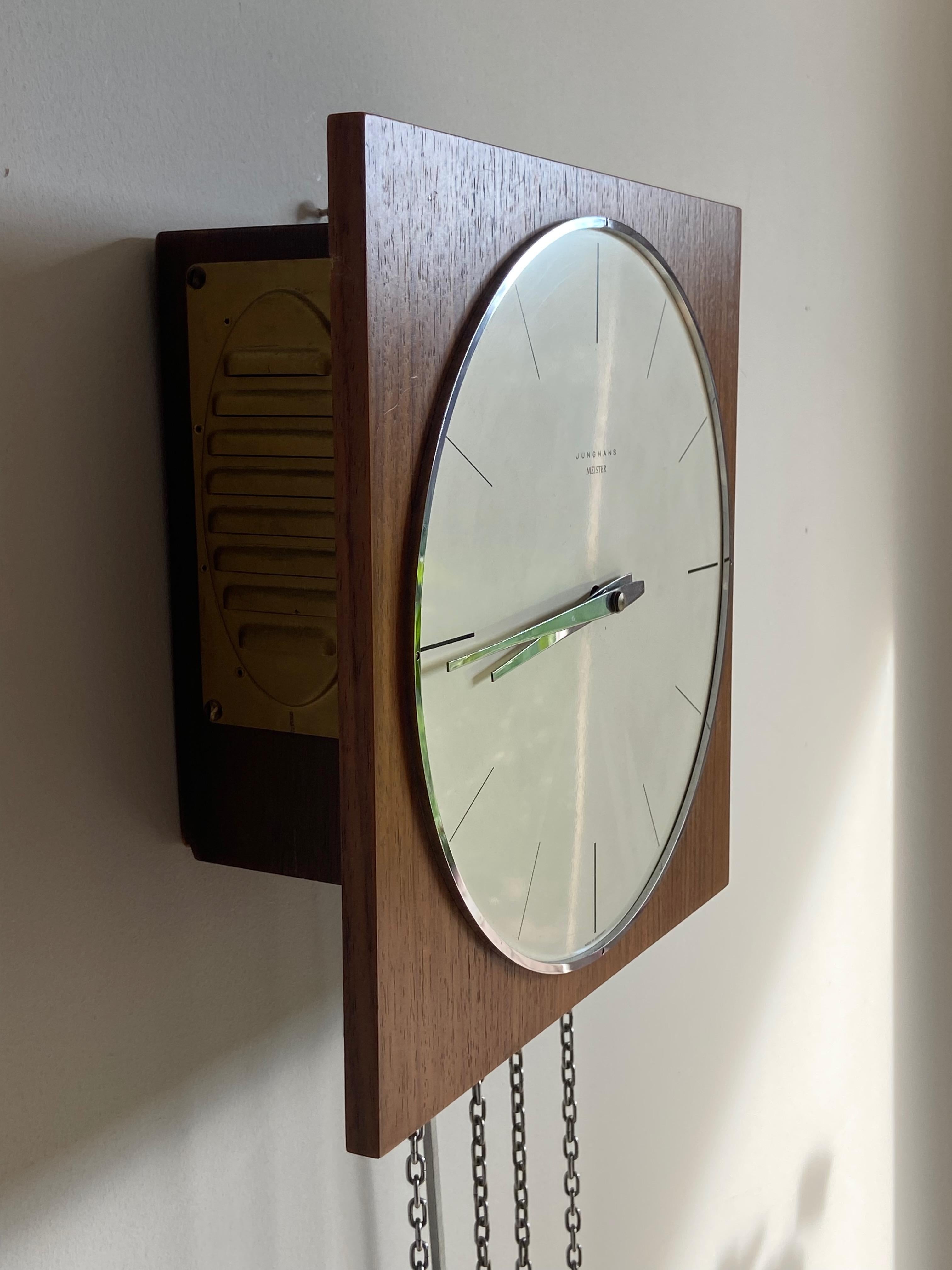 Brass German 1960s Junghans Meister Pendulum + Weights + Gong Wall Clock