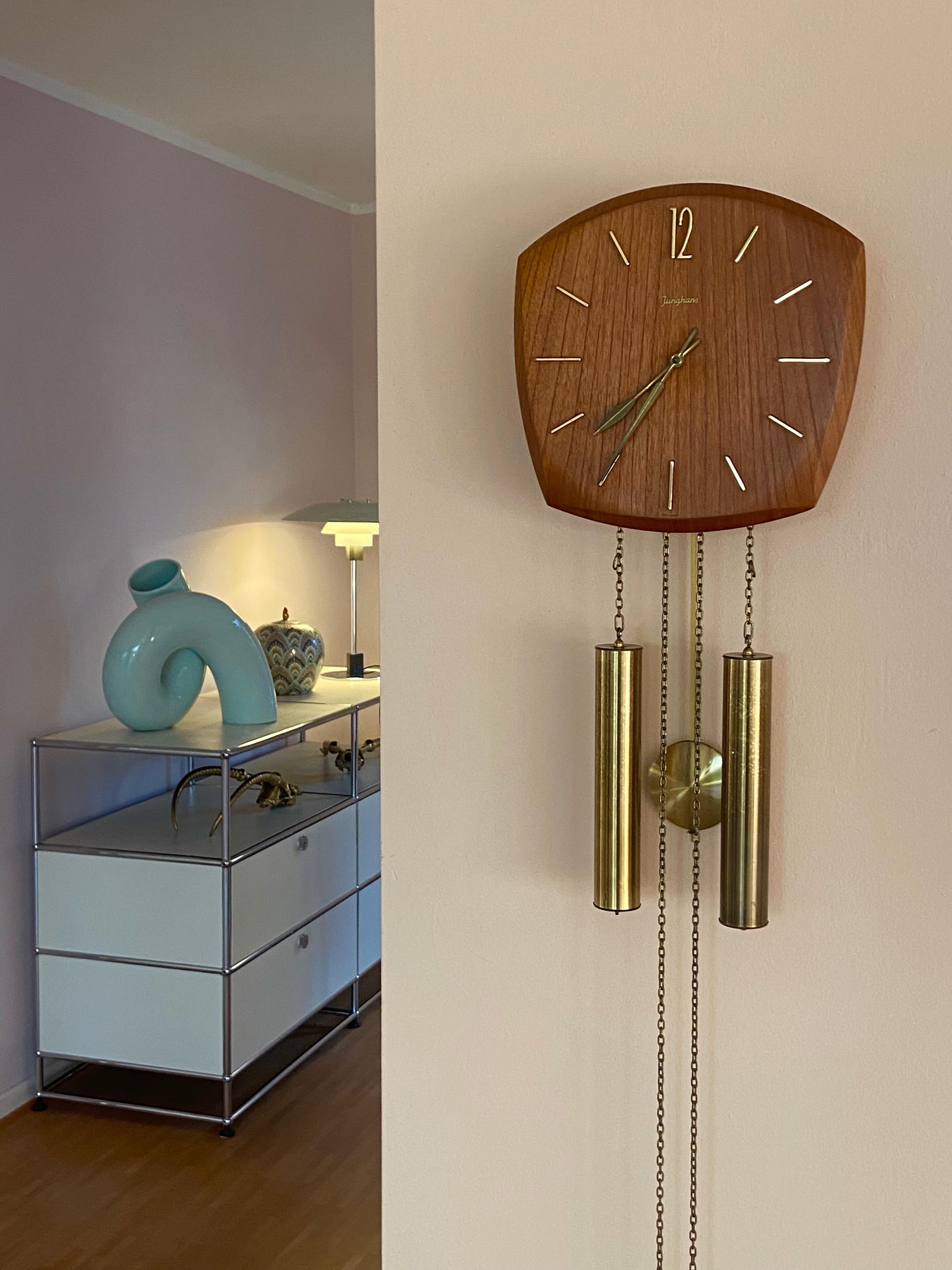 German 1960s Junghans Pendulum + Weights + Gong Wall Clock For Sale 7