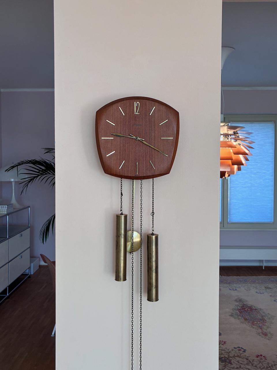 German 1960s Junghans Pendulum + Weights + Gong Wall Clock For Sale 8