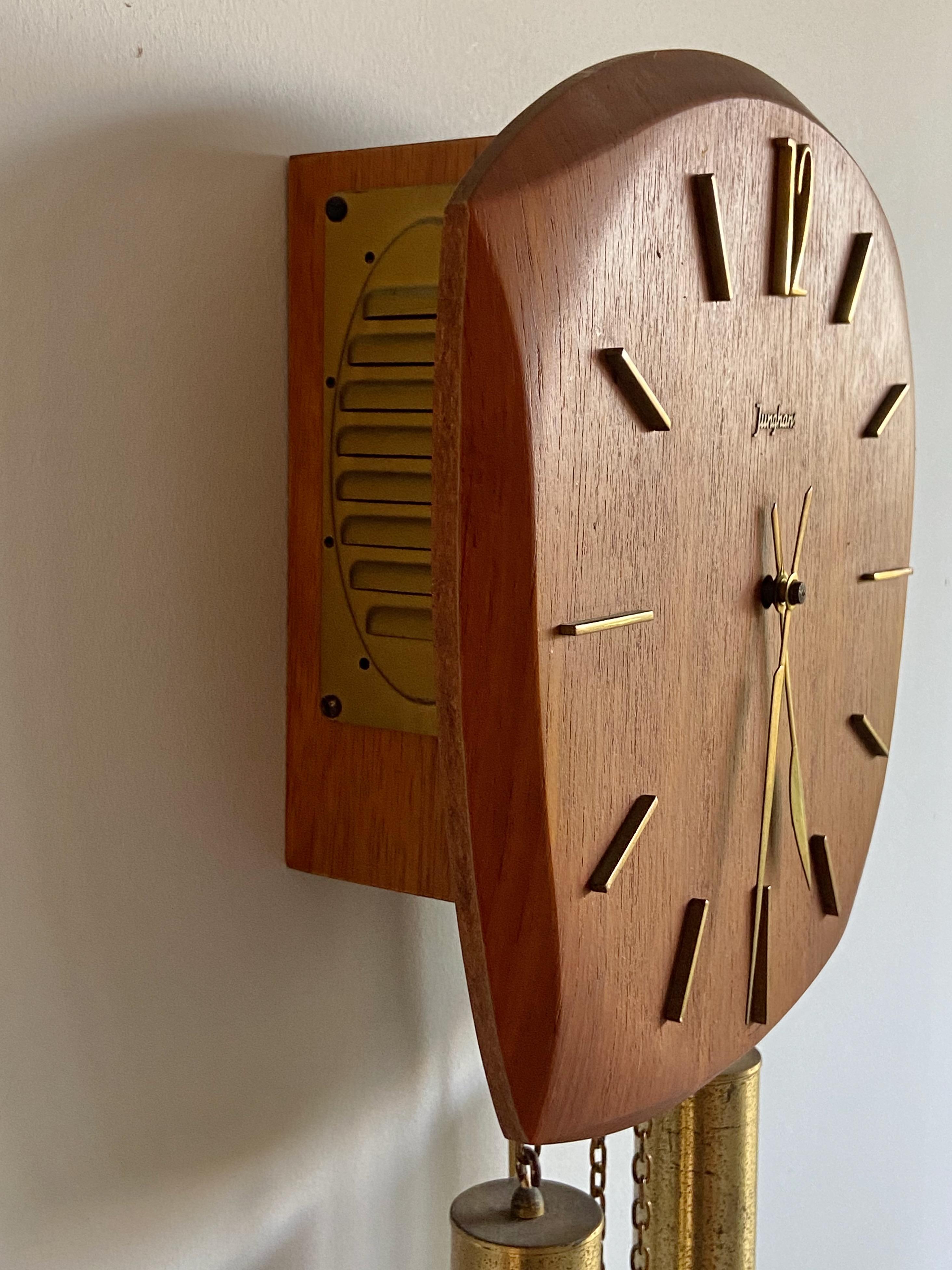 Mid-Century Modern German 1960s Junghans Pendulum + Weights + Gong Wall Clock