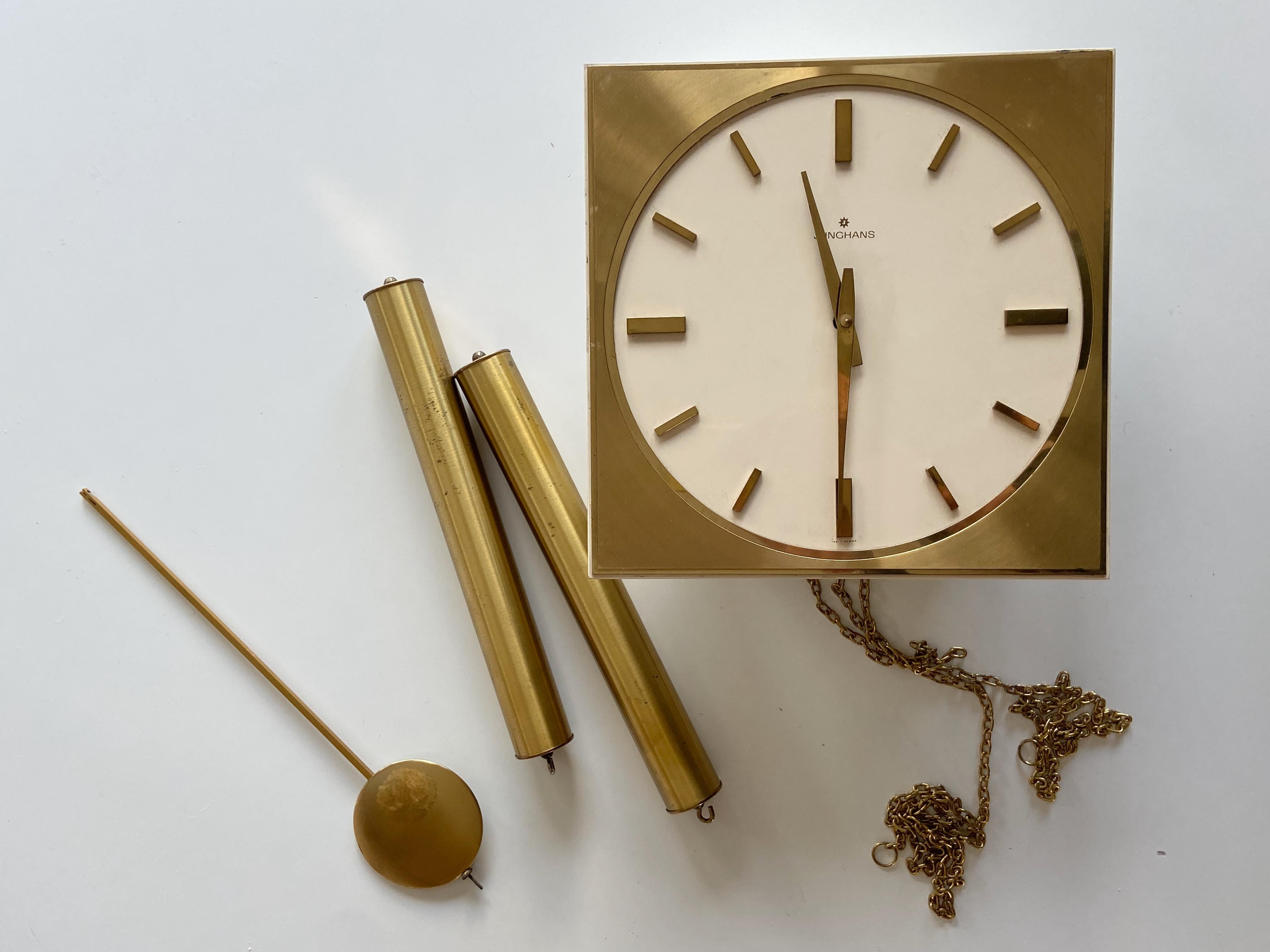 Mid-20th Century German 1960s Junghans Pendulum + Weights + Gong Wall Clock For Sale