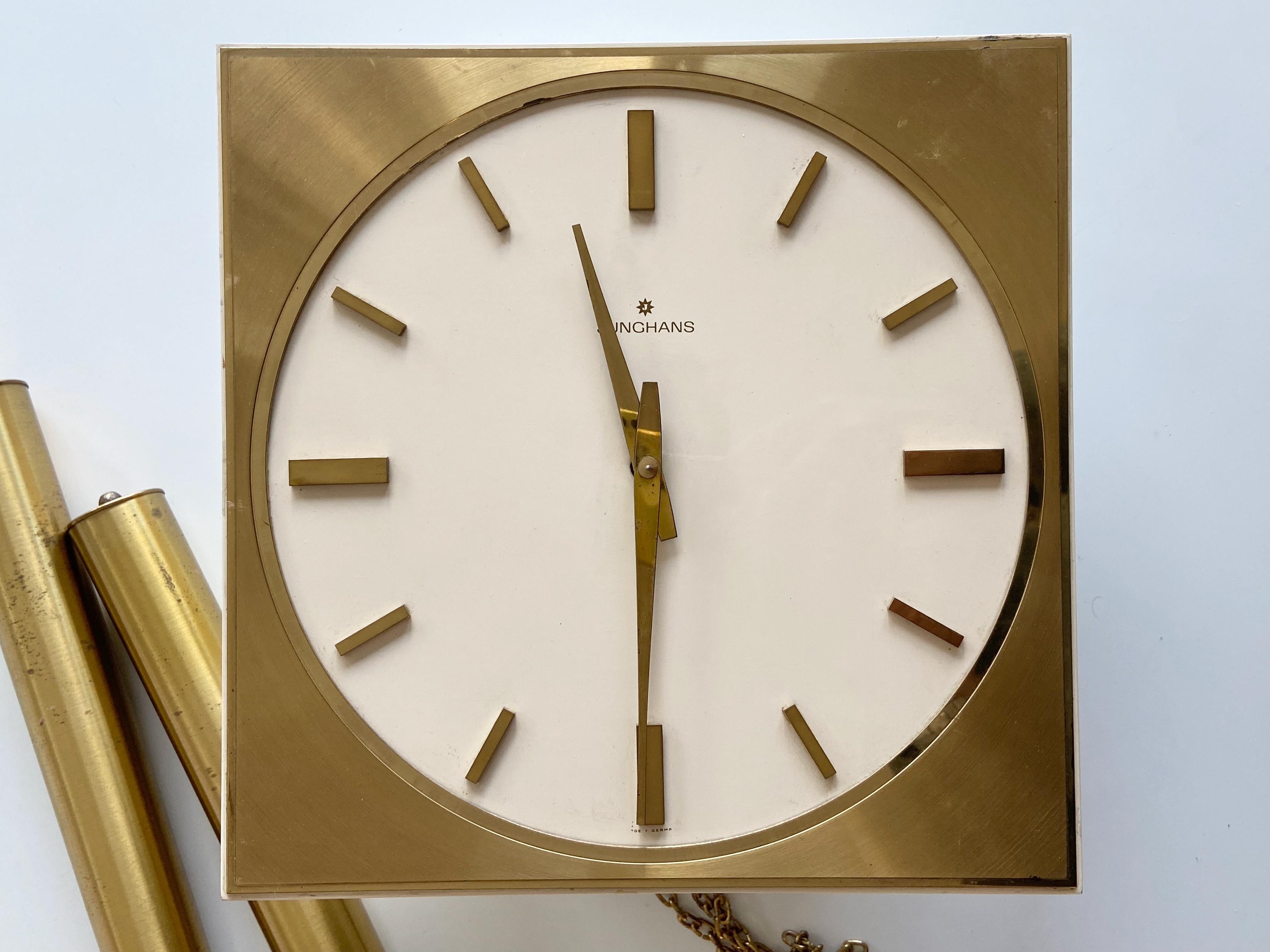 Brass German 1960s Junghans Pendulum + Weights + Gong Wall Clock For Sale