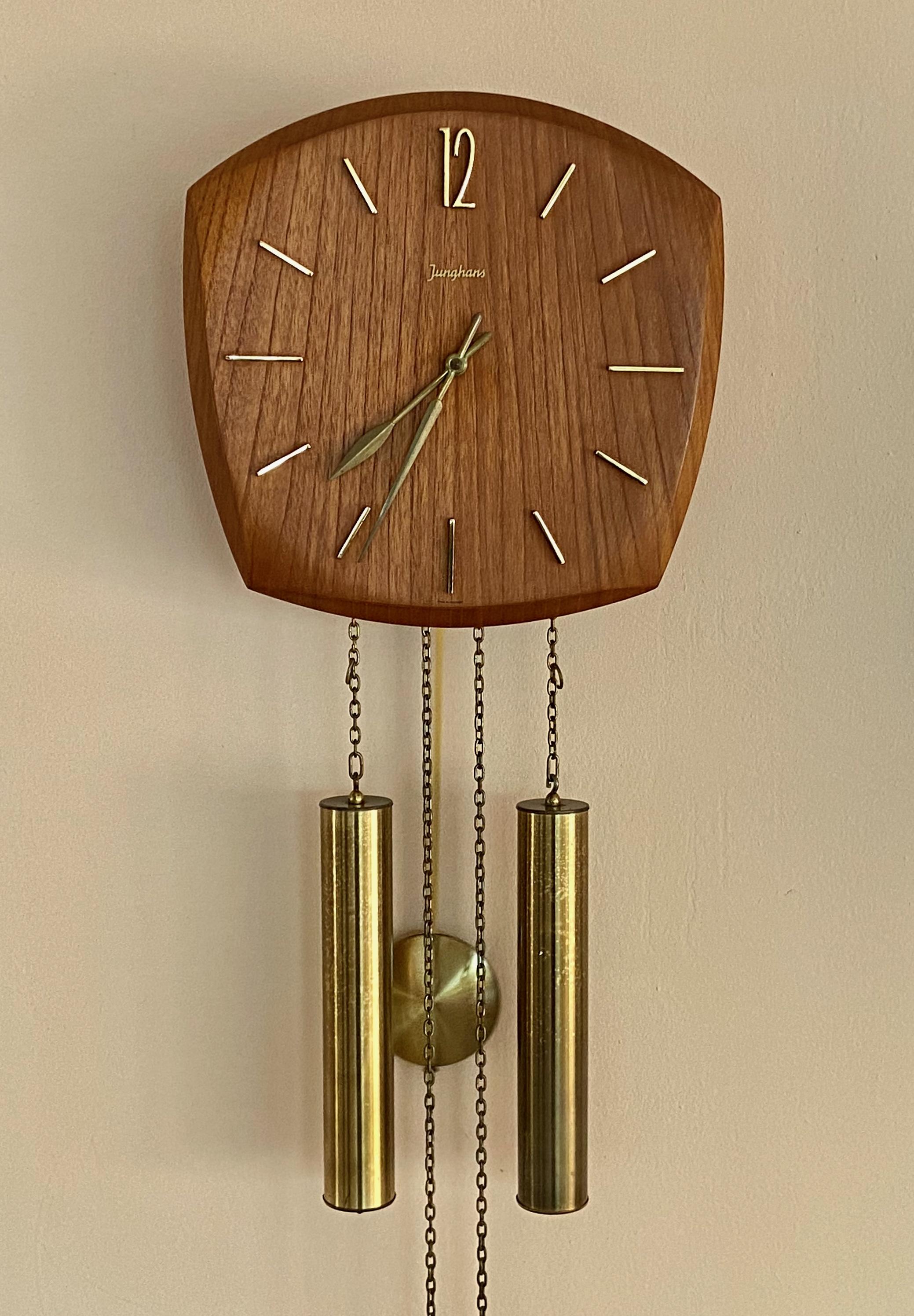 German 1960s Junghans Pendulum + Weights + Gong Wall Clock For Sale 1