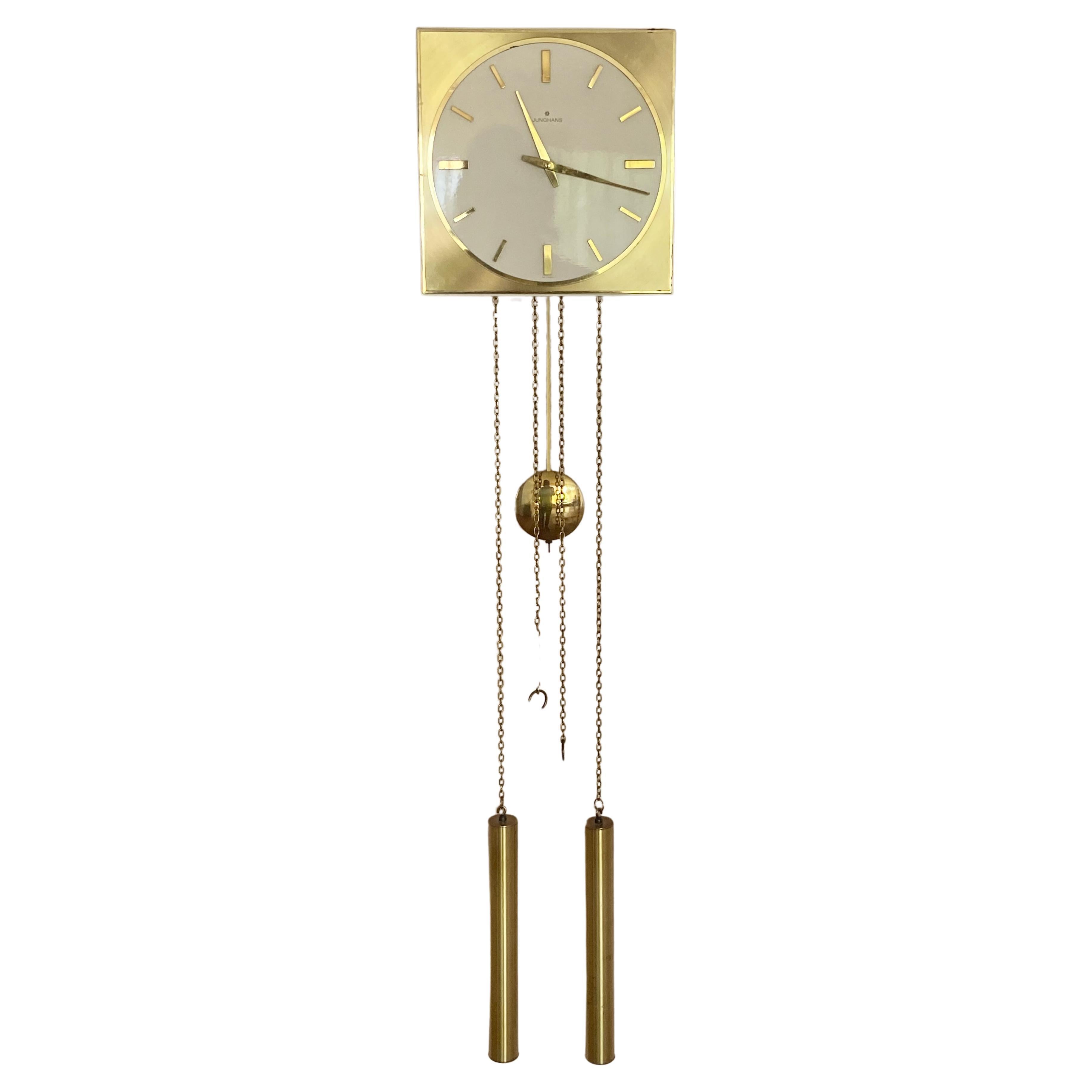 German 1960s Junghans Pendulum + Weights + Gong Wall Clock For Sale
