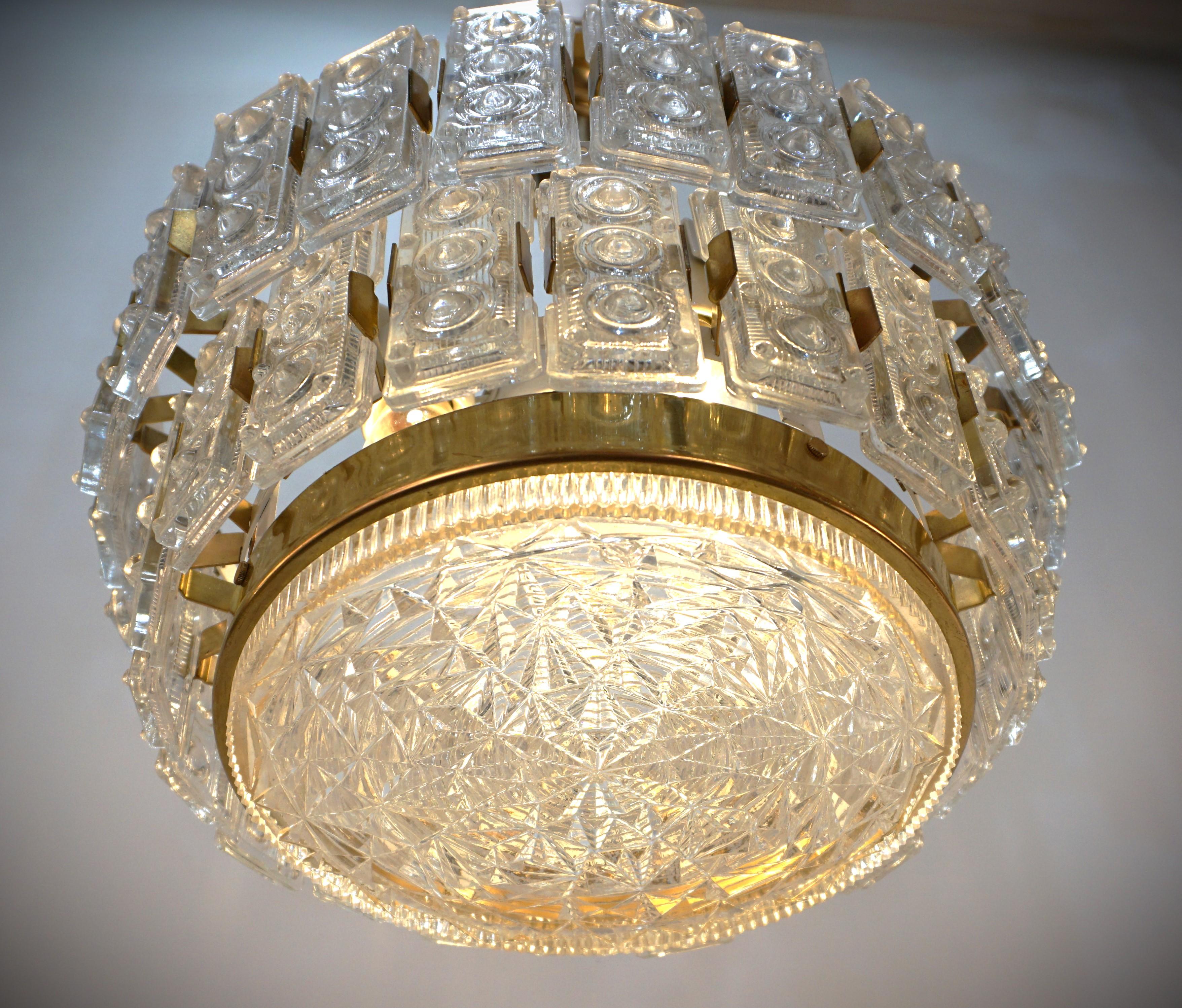 Bronze German 1970's Glass and bronze Chandelier