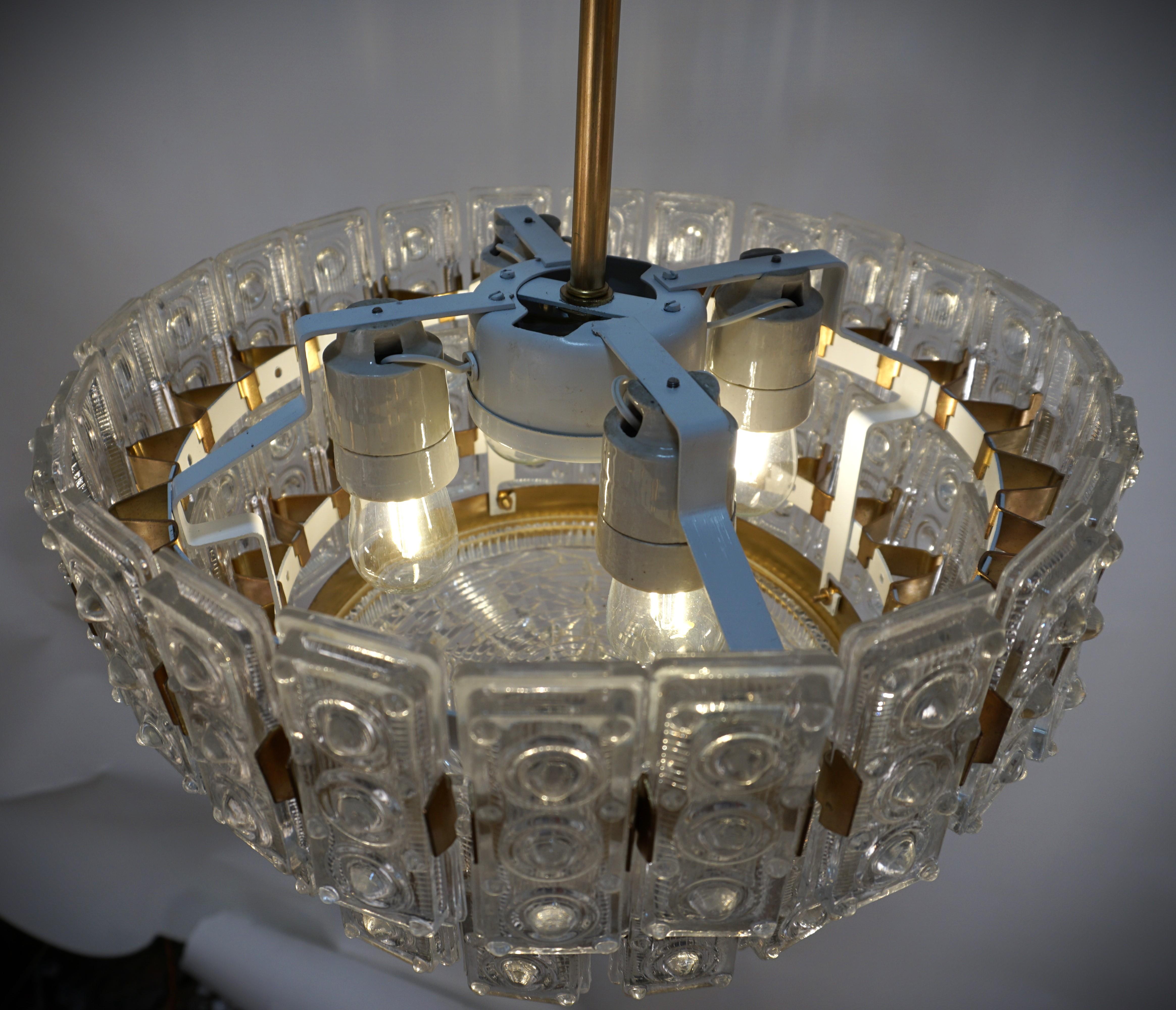 German 1970's Glass and bronze Chandelier 1