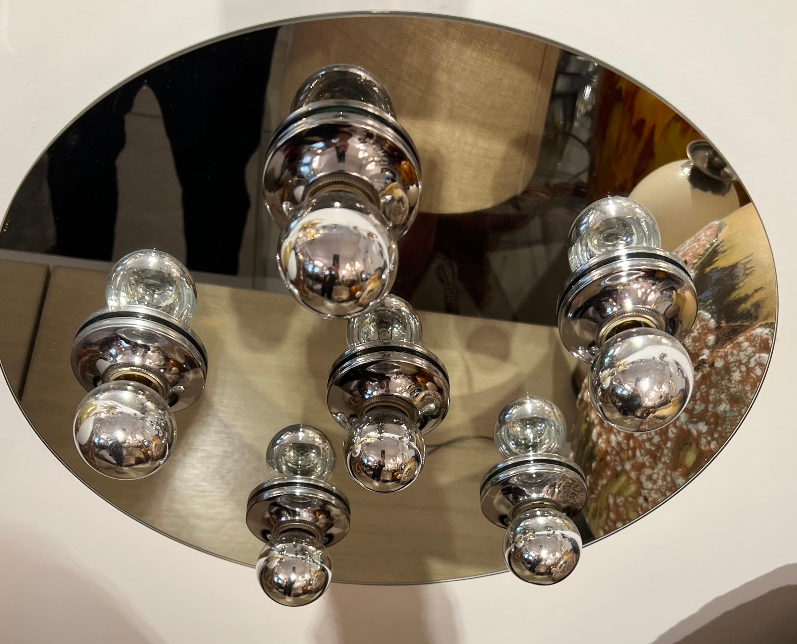 A high style space age German circular 6 light mirror flush ceiling light. Rewired. Six light sources.