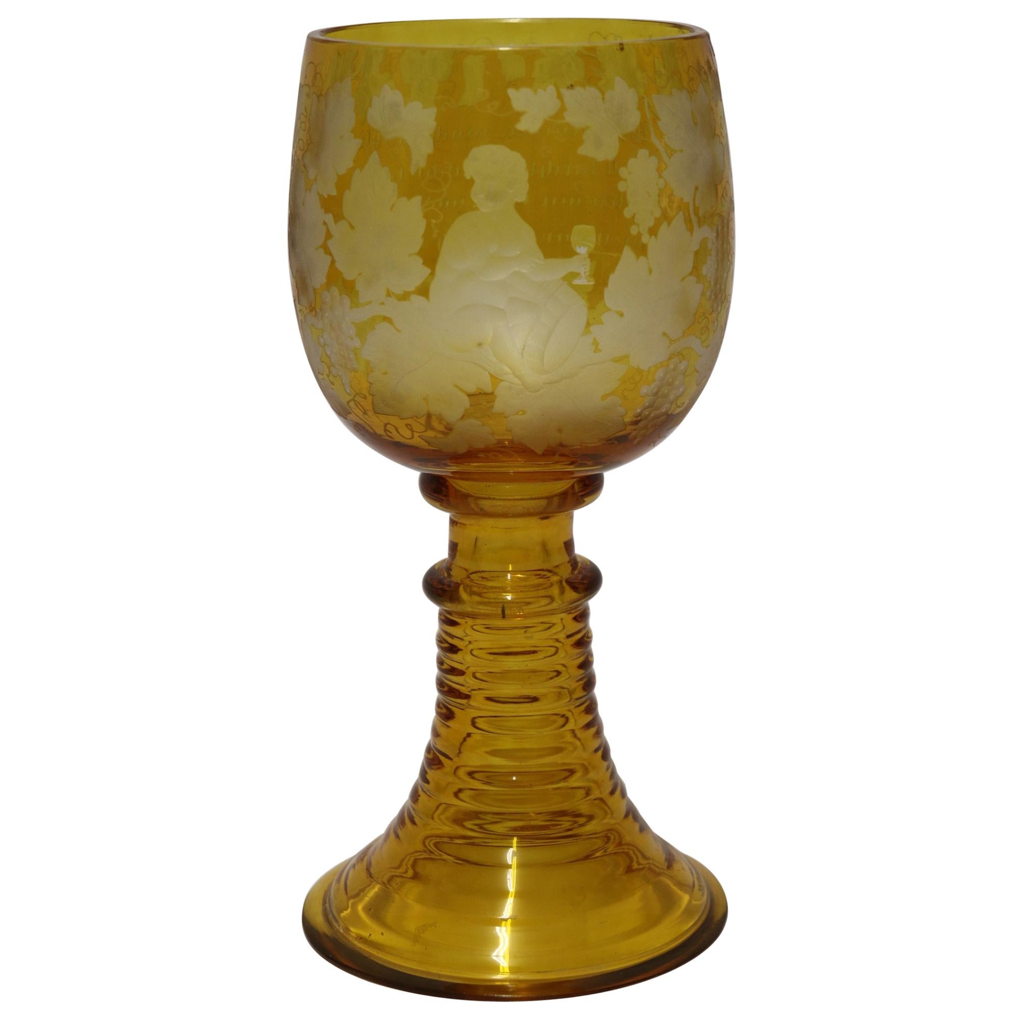 German 19th Century Amber Cut Glass and Engraved Goblet, circa 1880 For Sale