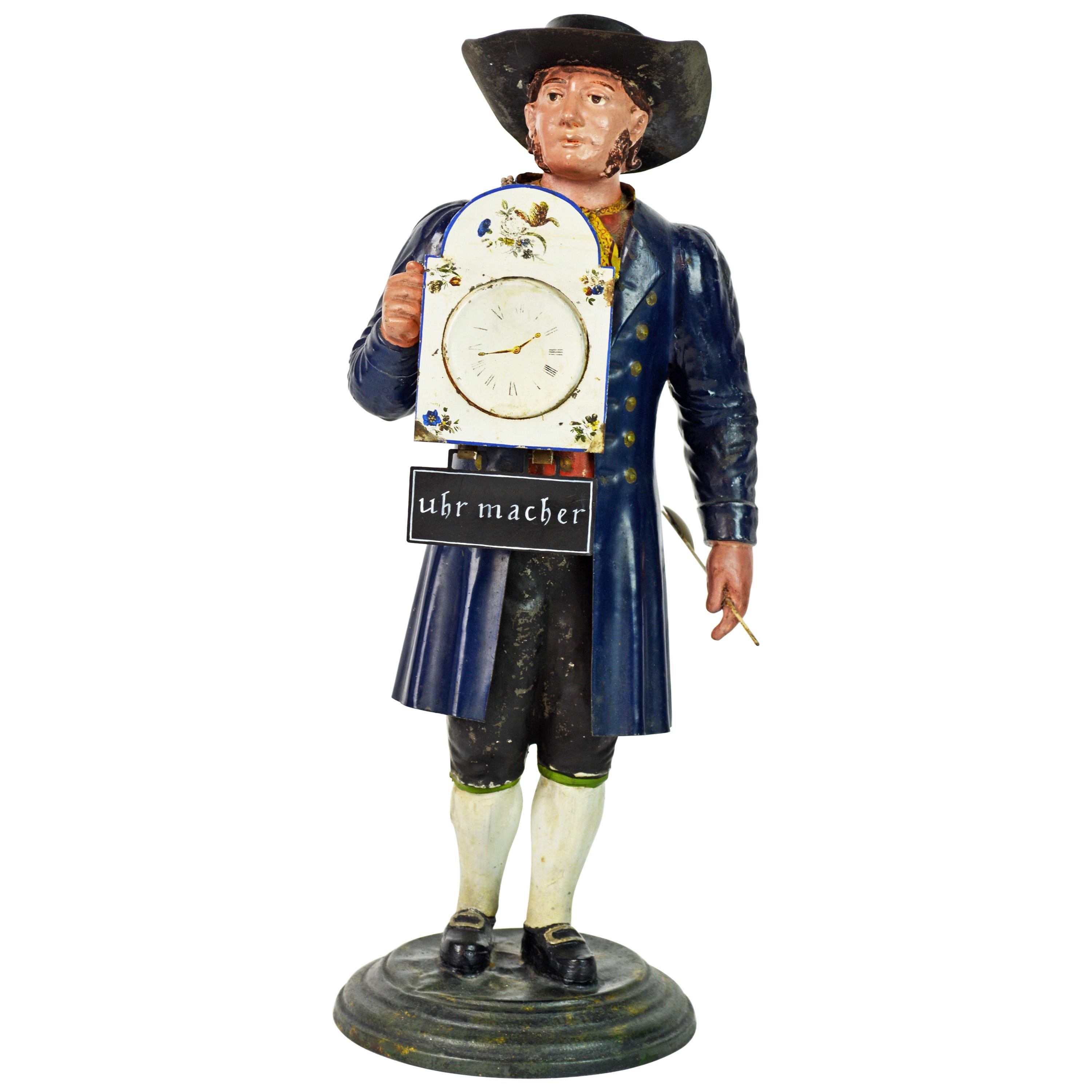 German 19th Century Black Forest Polychrome Painted Tole Figure of a Clock Maker