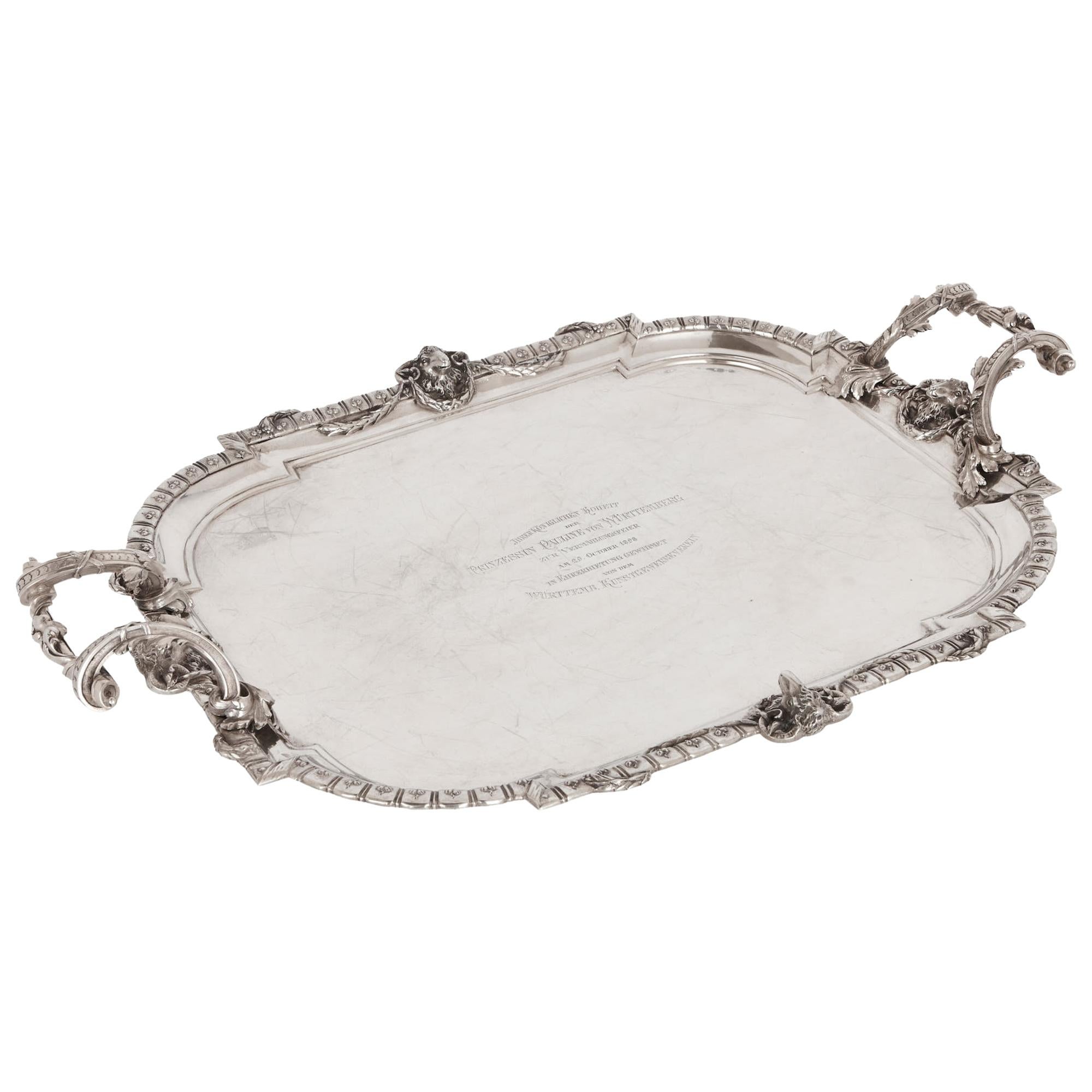 German 19th Century Solid Silver Tray with Inscription