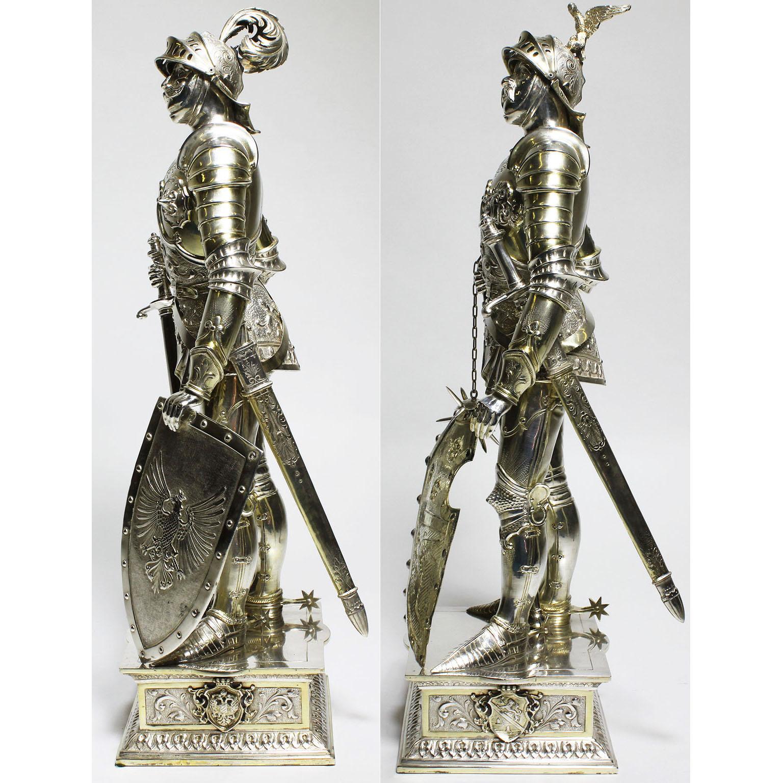 Medieval German 19th Century Sterling & Vermeil Silver Knights Probably Neresheimer, Pair