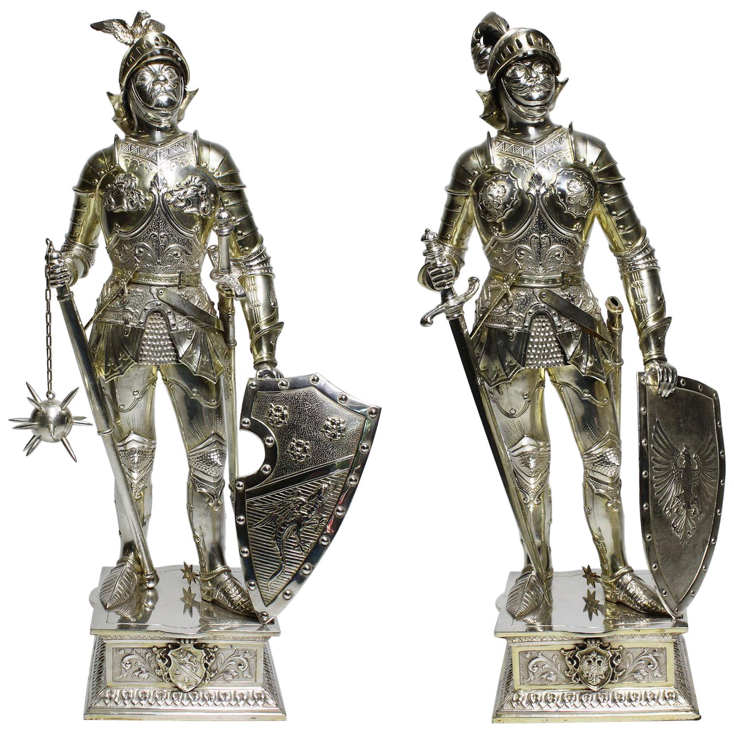 German 19th Century Sterling & Vermeil Silver Knights Probably Neresheimer, Pair