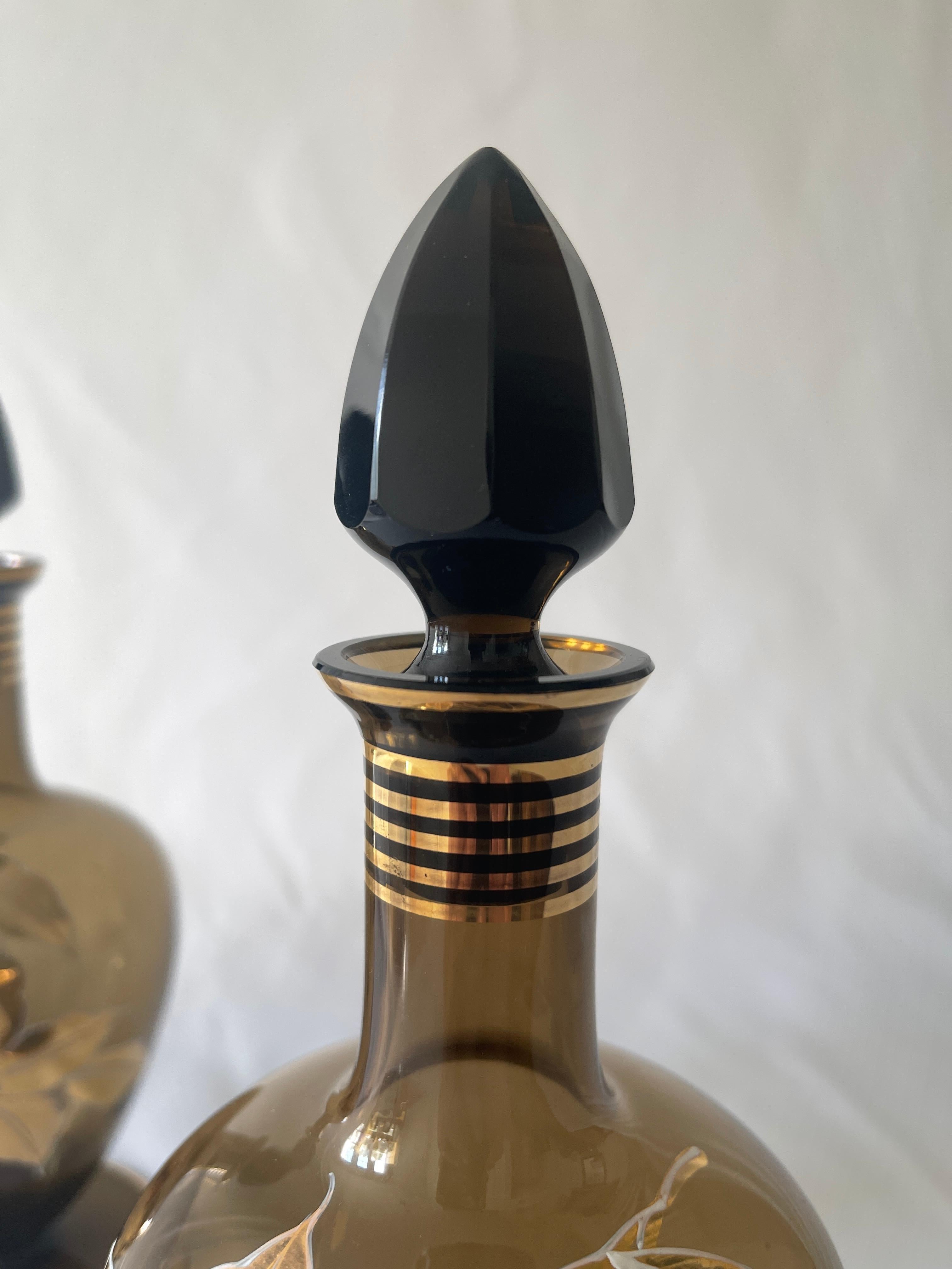 Mid-Century Modern German 22K Gold Enamel Smoke Glass Liquor Decanter Bottle Set For Sale