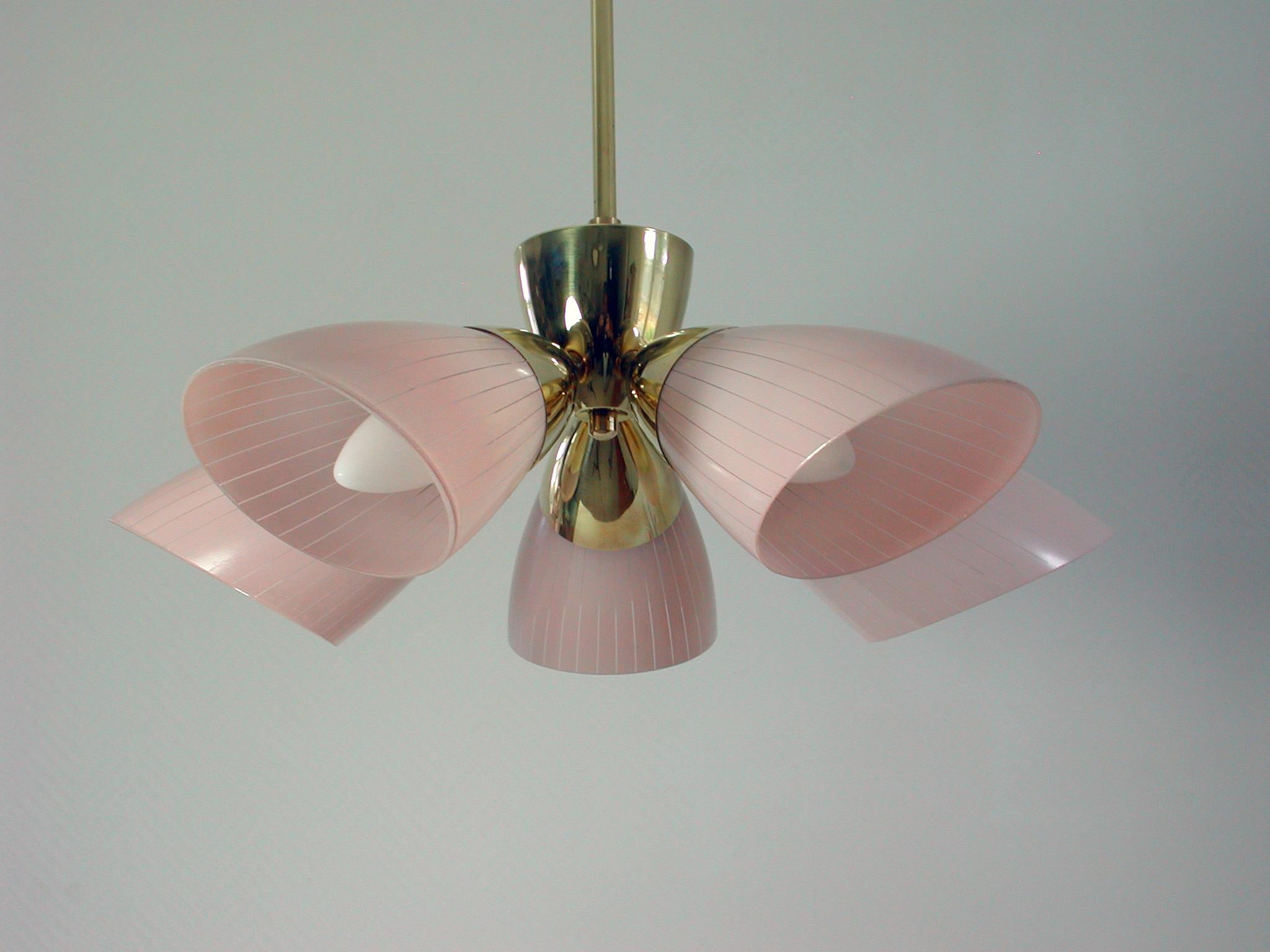 Mid-Century Modern German 5-Light Sputnik Brass and Pale Pink Glass Chandelier Flush Mount, 1950