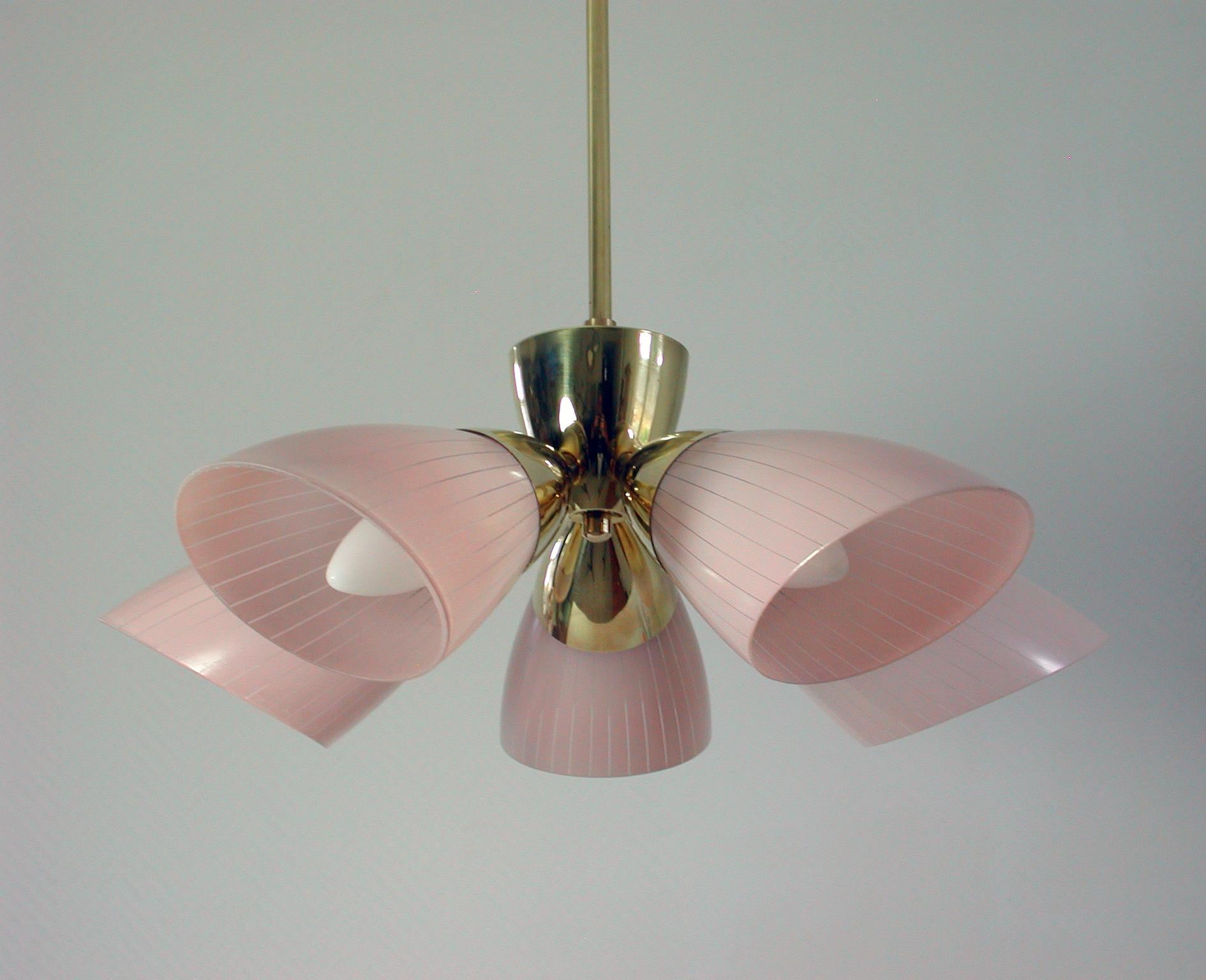 Glazed German 5-Light Sputnik Brass and Pale Pink Glass Chandelier Flush Mount, 1950