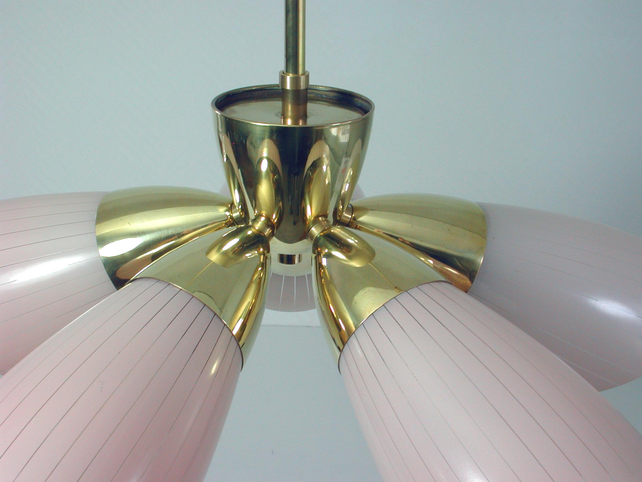 Mid-20th Century German 5-Light Sputnik Brass and Pale Pink Glass Chandelier Flush Mount, 1950