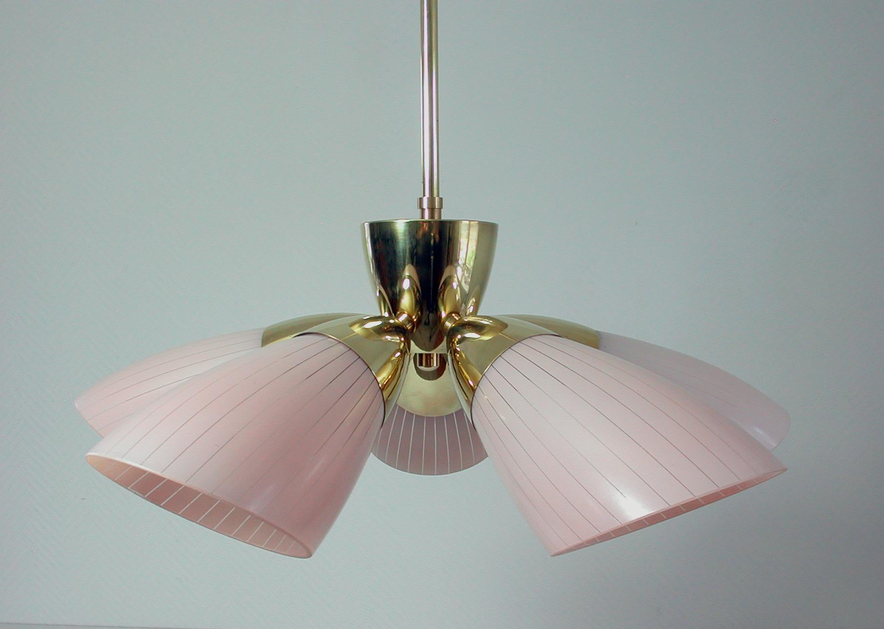 German 5-Light Sputnik Brass and Pale Pink Glass Chandelier Flush Mount, 1950 1