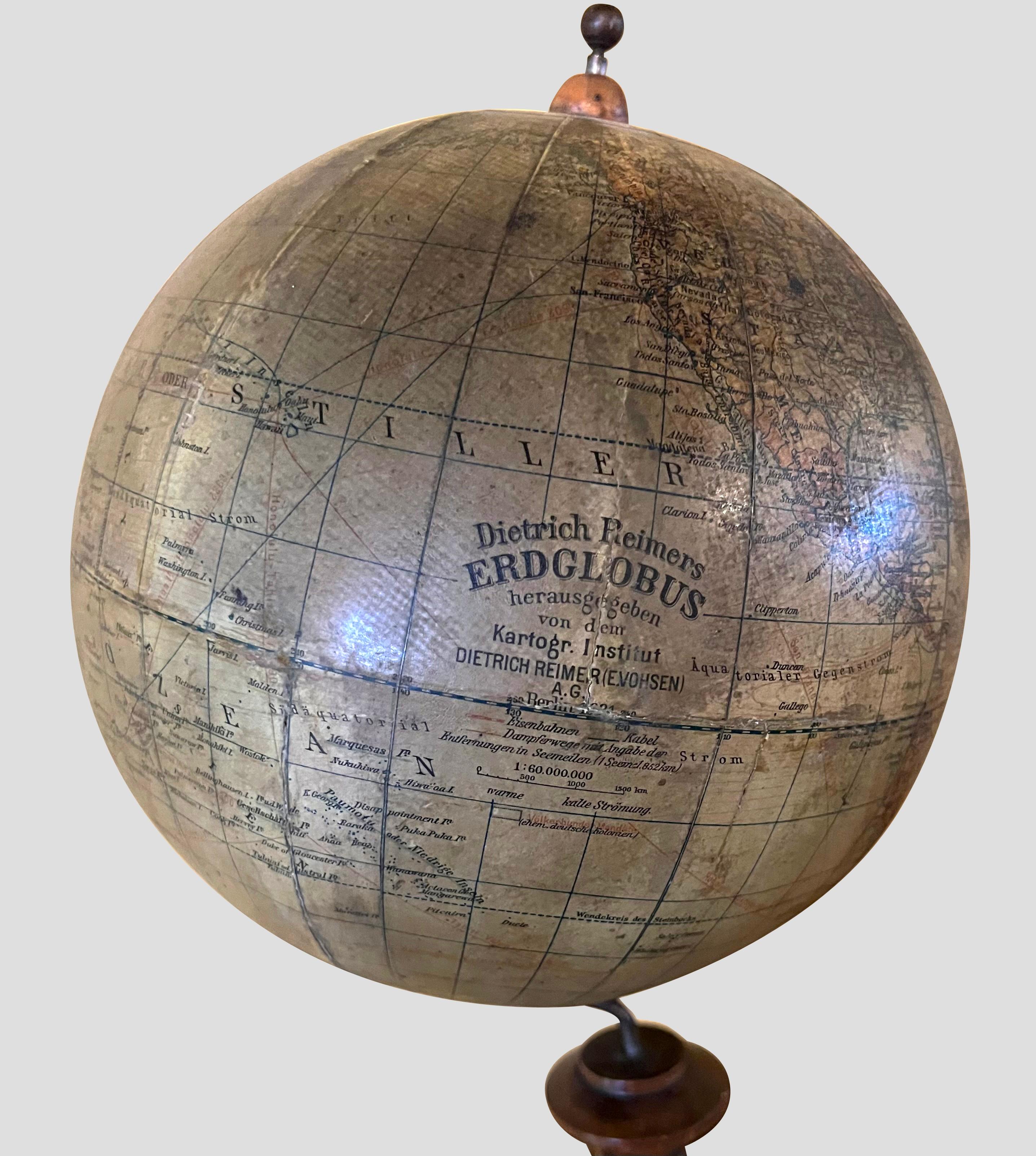 Dietrich Reimer was a significant German globe manufacturer in the 19th to early 20th centuries. His work was renowned for its highly detailed political and physical maps  showing ocean currents, trade routes and sea telegraph cables. 
This example