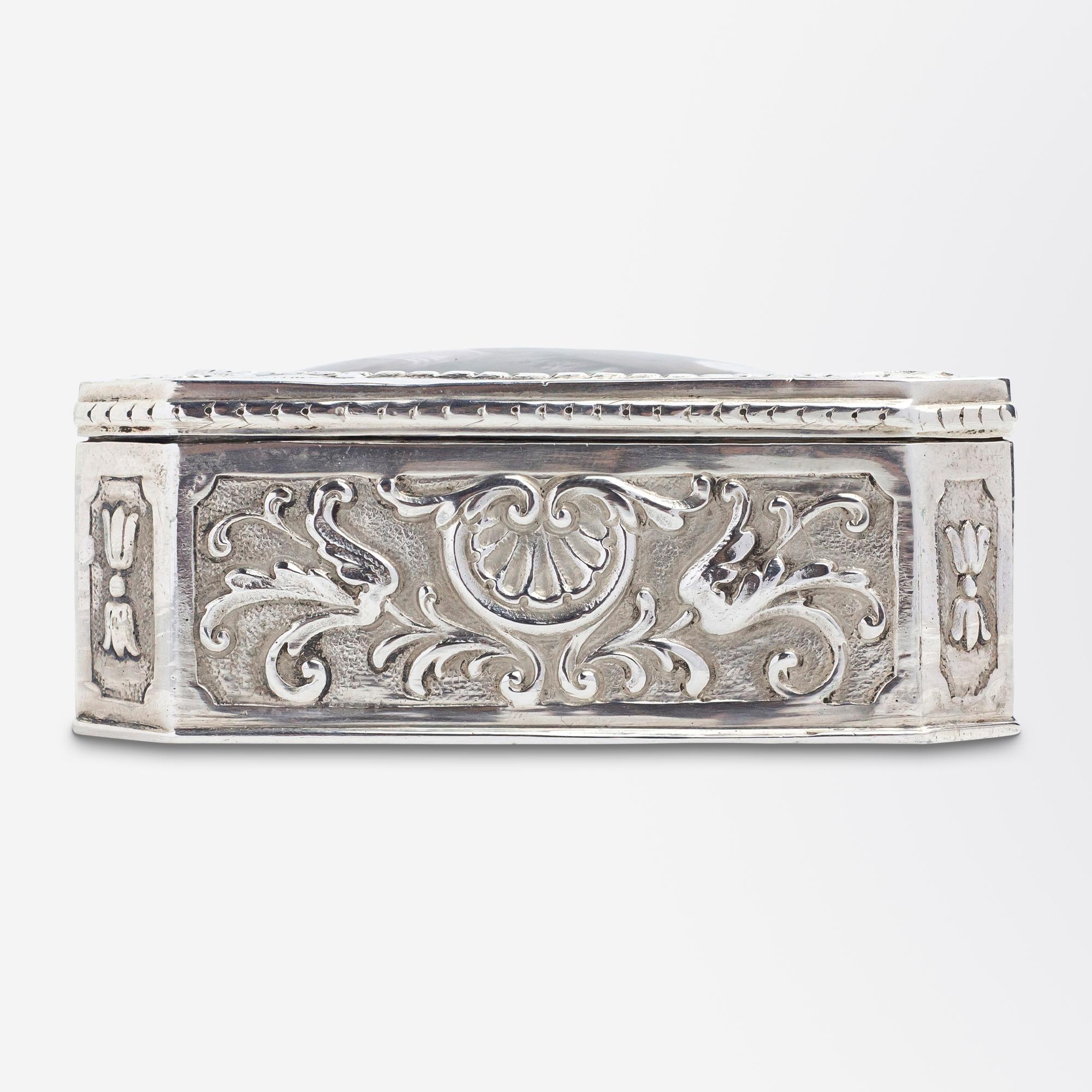 Art Nouveau German 800 Purity Silver Repousse Box With Enamelled Medallion For Sale