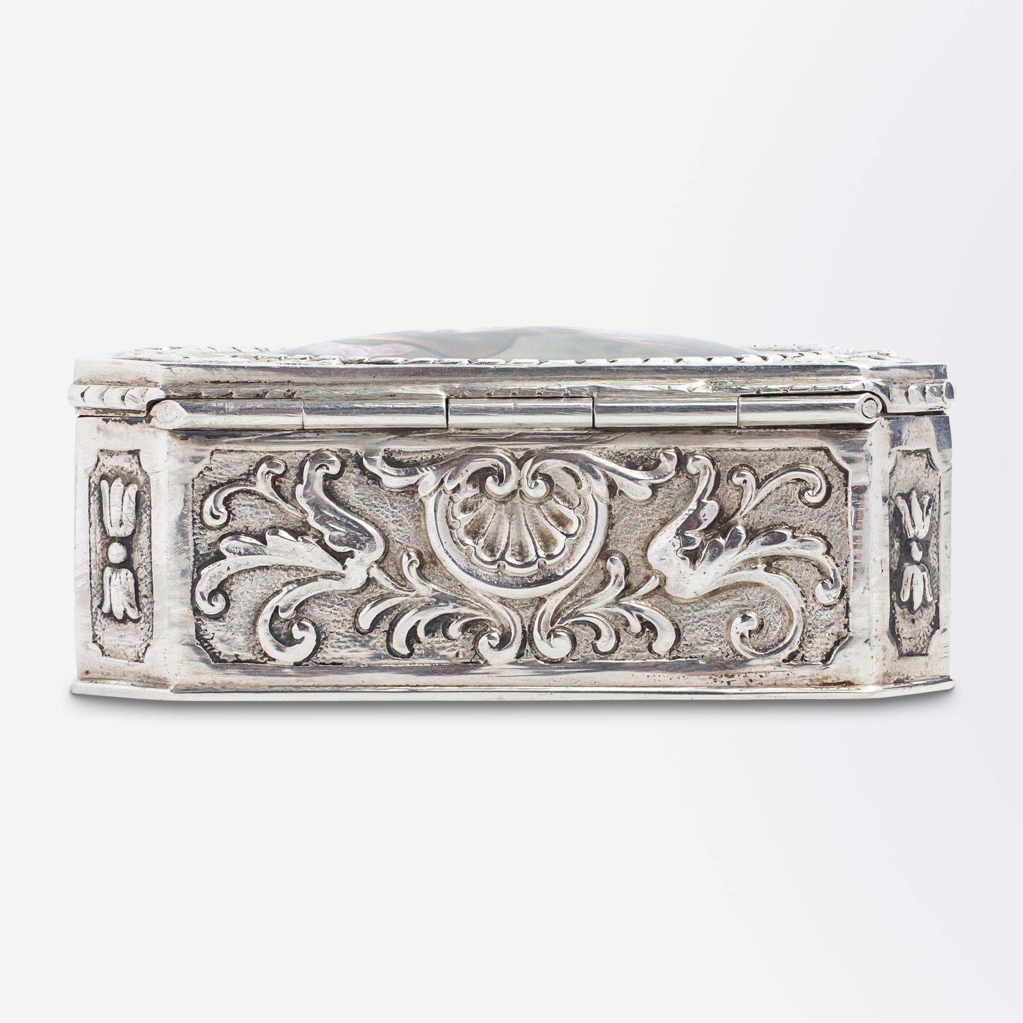 Women's or Men's German 800 Purity Silver Repousse Box With Enamelled Medallion For Sale