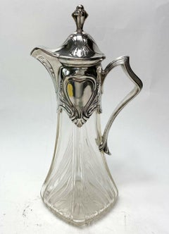 German 800 Silver Mounted Hand Engraved Ewer Jungenstil, c1900