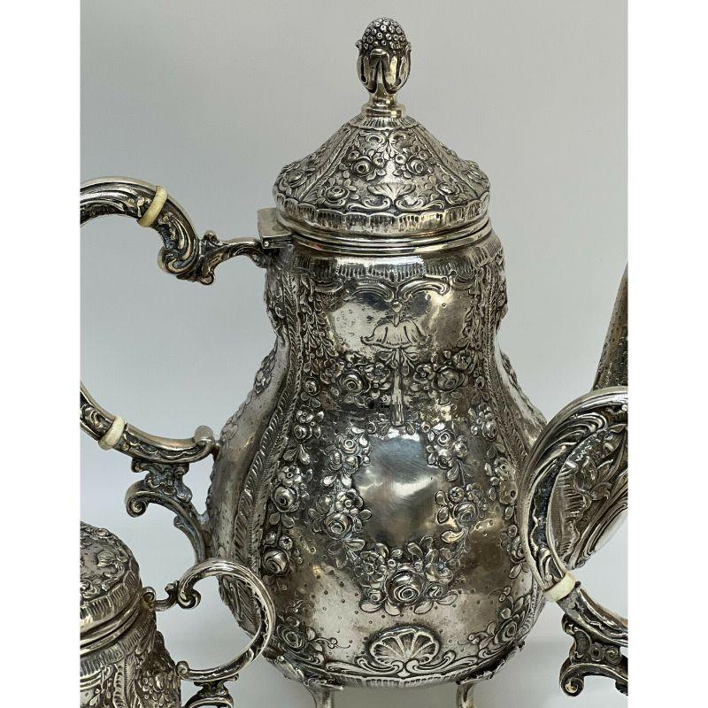 German 800 Silver Repousse Tea Set Rose Garlands & Acorn Finials, circa 1900 In Good Condition For Sale In Gardena, CA