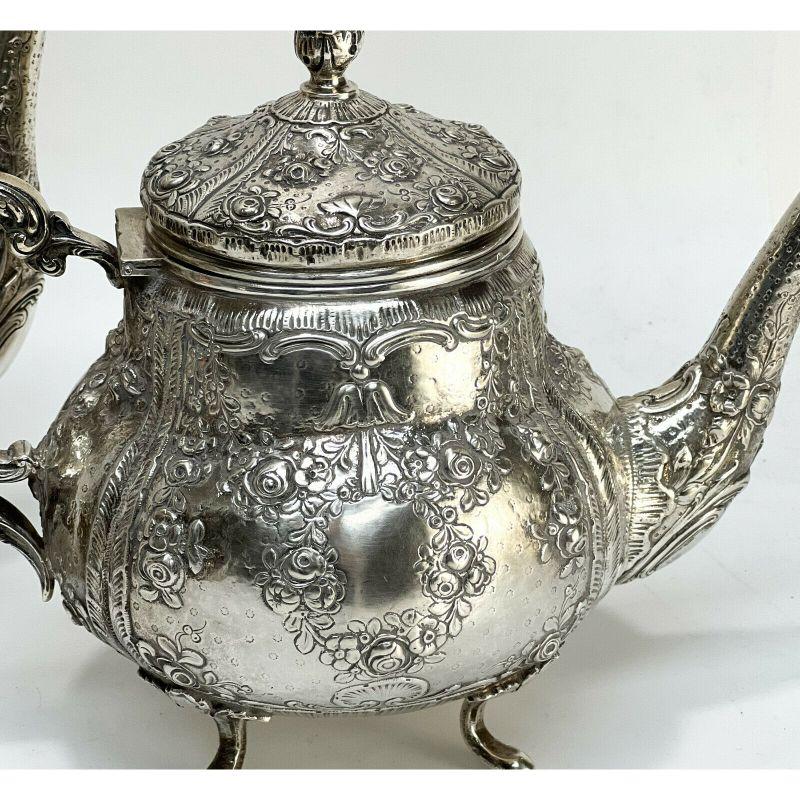 19th Century German 800 Silver Repousse Tea Set Rose Garlands & Acorn Finials, circa 1900 For Sale