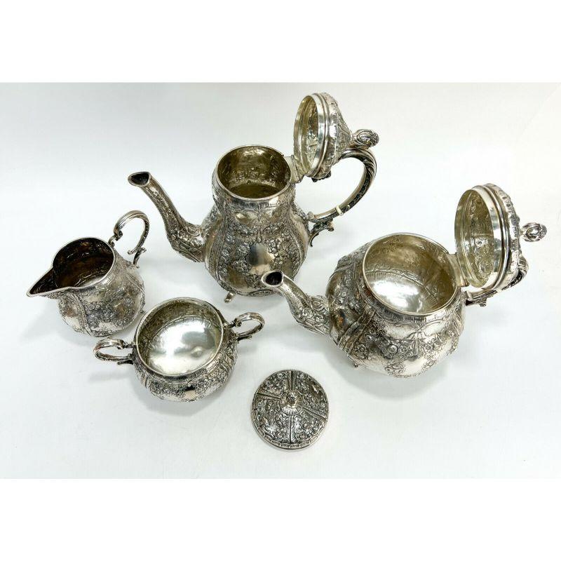 German 800 Silver Repousse Tea Set Rose Garlands & Acorn Finials, circa 1900 For Sale 3