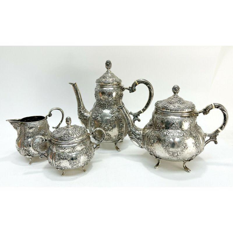 German 800 Silver Repousse Tea Set Rose Garlands & Acorn Finials, circa 1900 For Sale 4