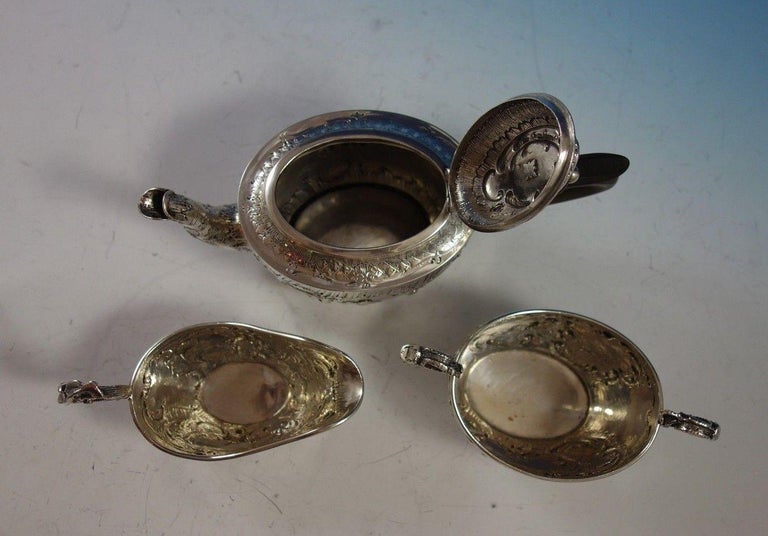German, .800 Silver Tea Set of 3-Piece Figural Repoussed Cupids and Flowers In Good Condition For Sale In Big Bend, WI