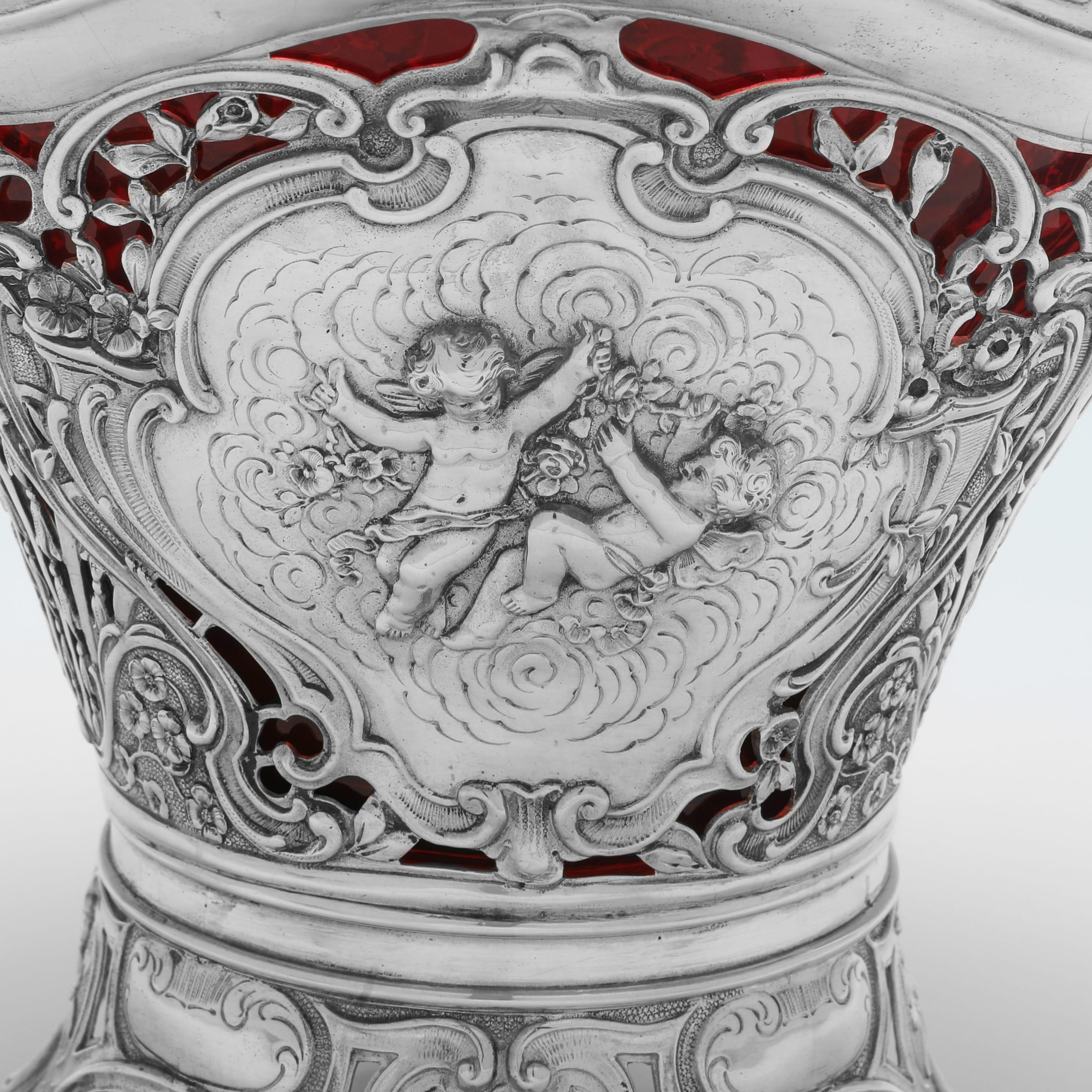 German Victorian Elegance: Ornate Silver Basket with Striking Ruby Glass Liner c.1890 For Sale