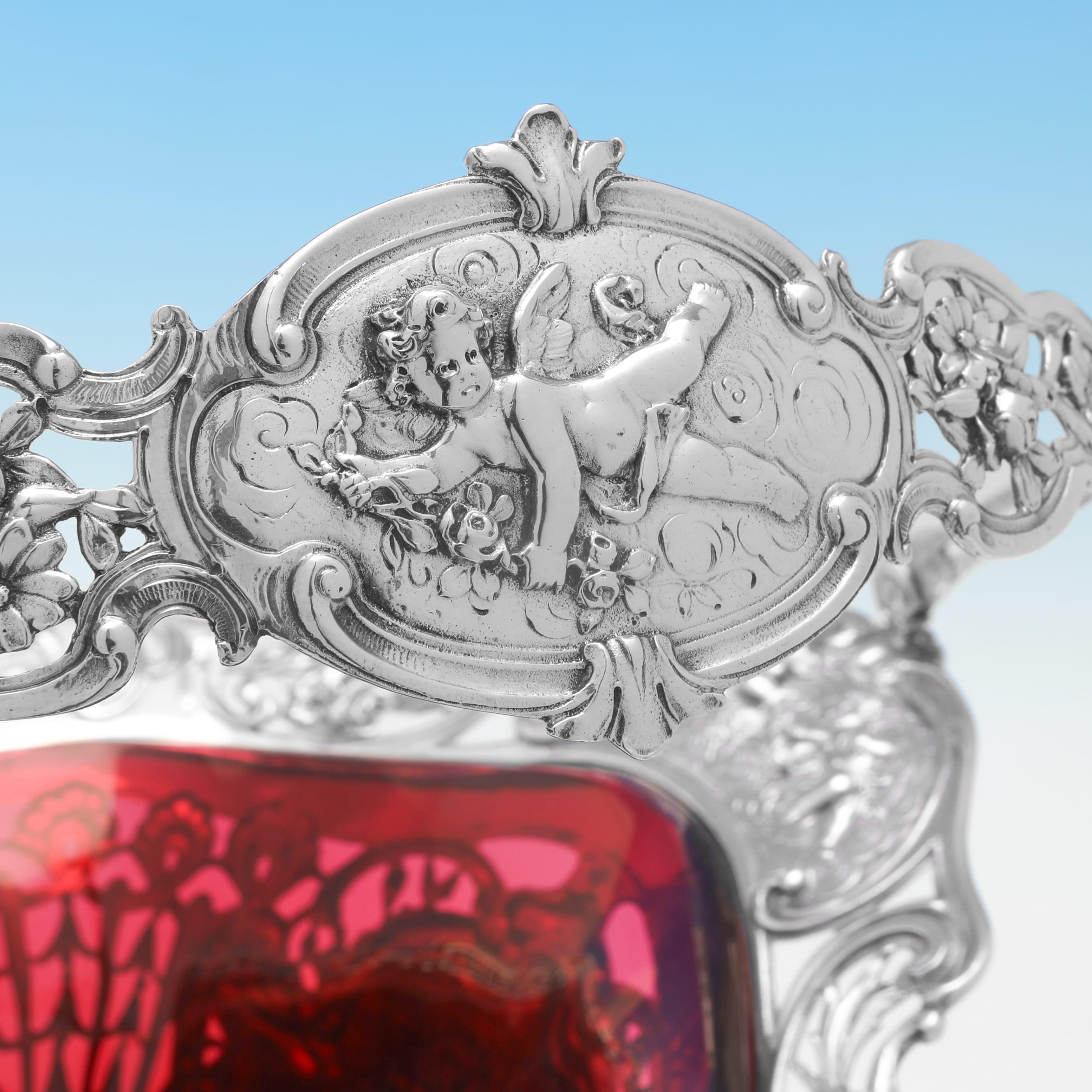 Late 19th Century Victorian Elegance: Ornate Silver Basket with Striking Ruby Glass Liner c.1890 For Sale