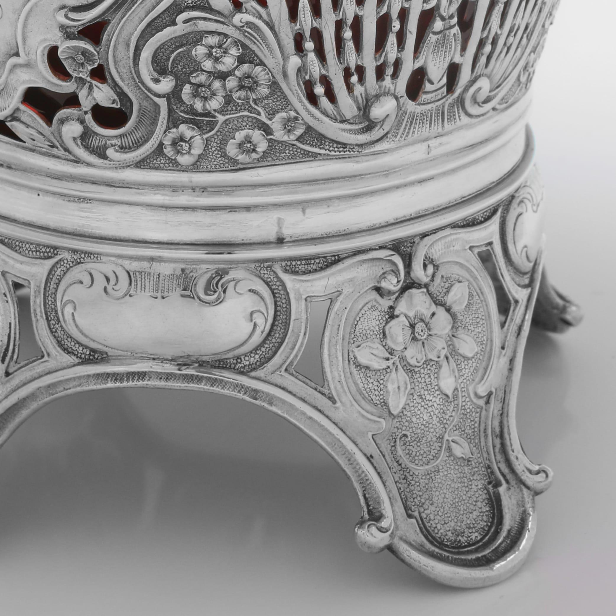 Victorian Elegance: Ornate Silver Basket with Striking Ruby Glass Liner c.1890 For Sale 1
