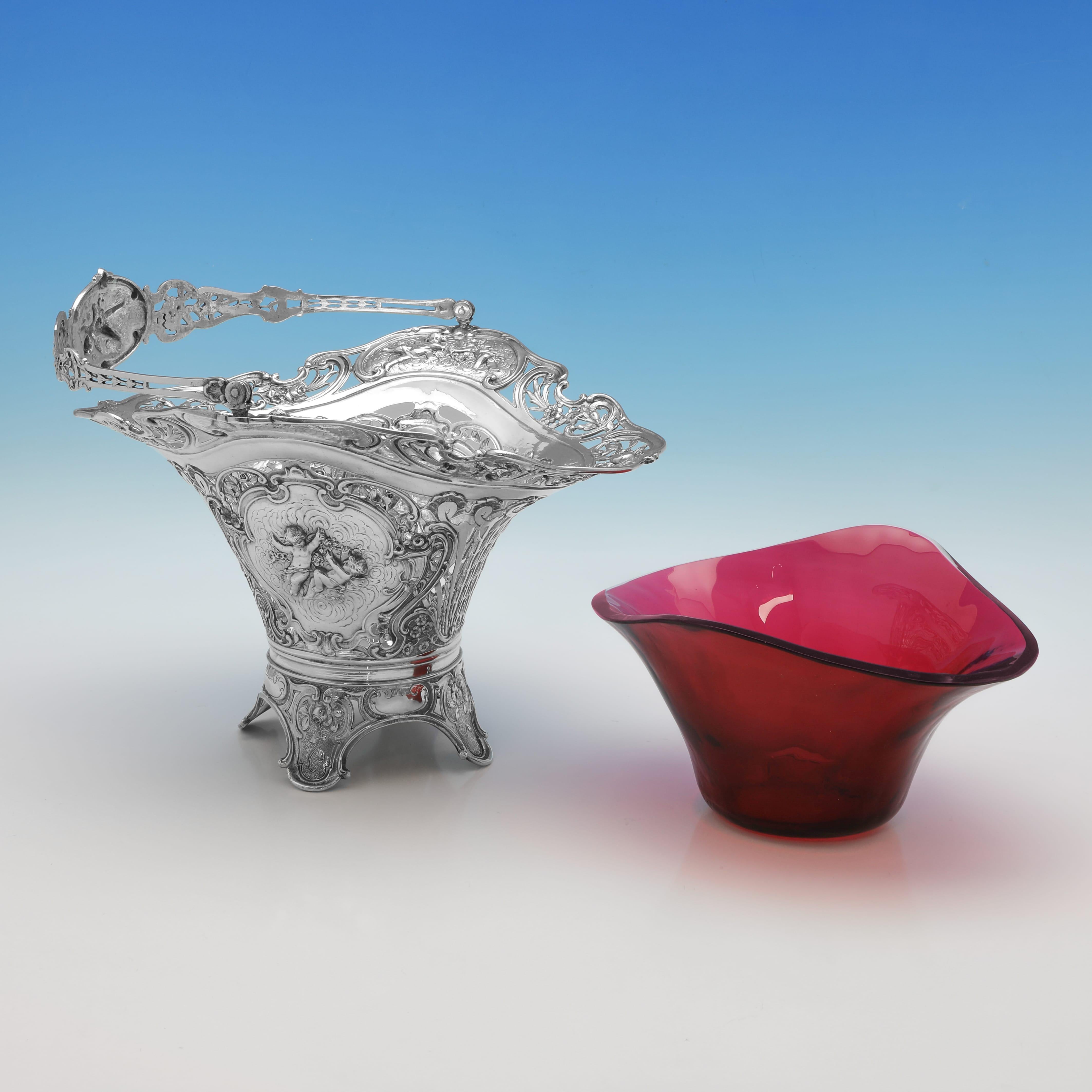 Victorian Elegance: Ornate Silver Basket with Striking Ruby Glass Liner c.1890 For Sale 2