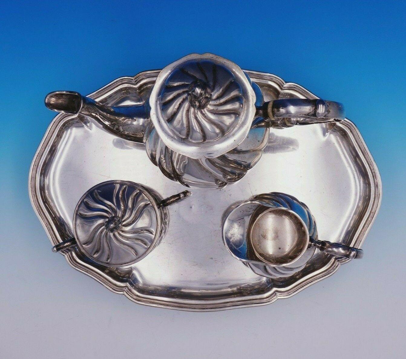 Lovely German .835 silver 3-piece tea set with oval tray marked 