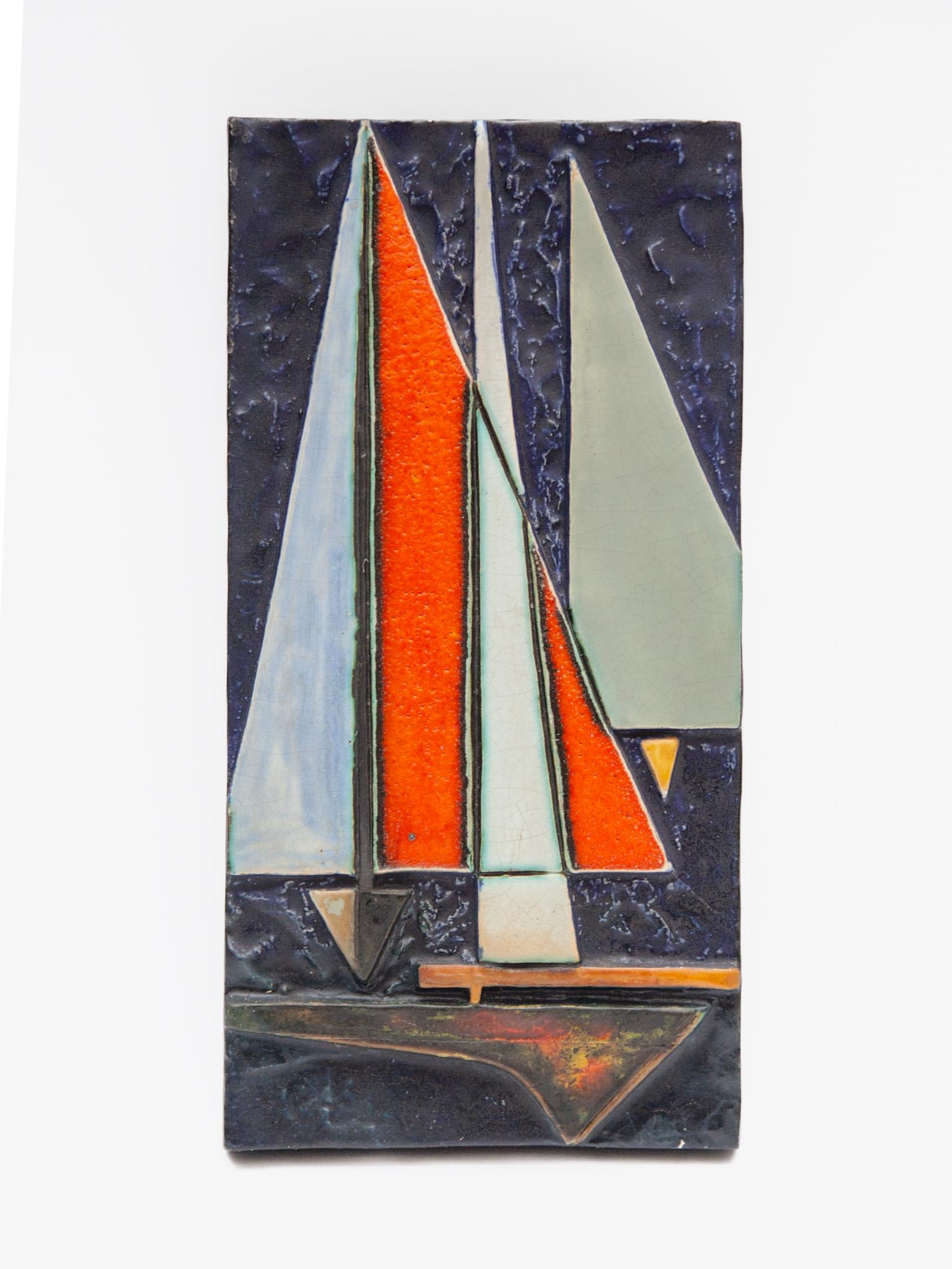 Large ceramic wall tile designed by Helmut Schäffenacker made in Germany abstract decor of a sailing ship hand painted in beautiful expressive colors of blue and orange, thick, irregular glossy glaze made in chamotte clay, ready for safe wall