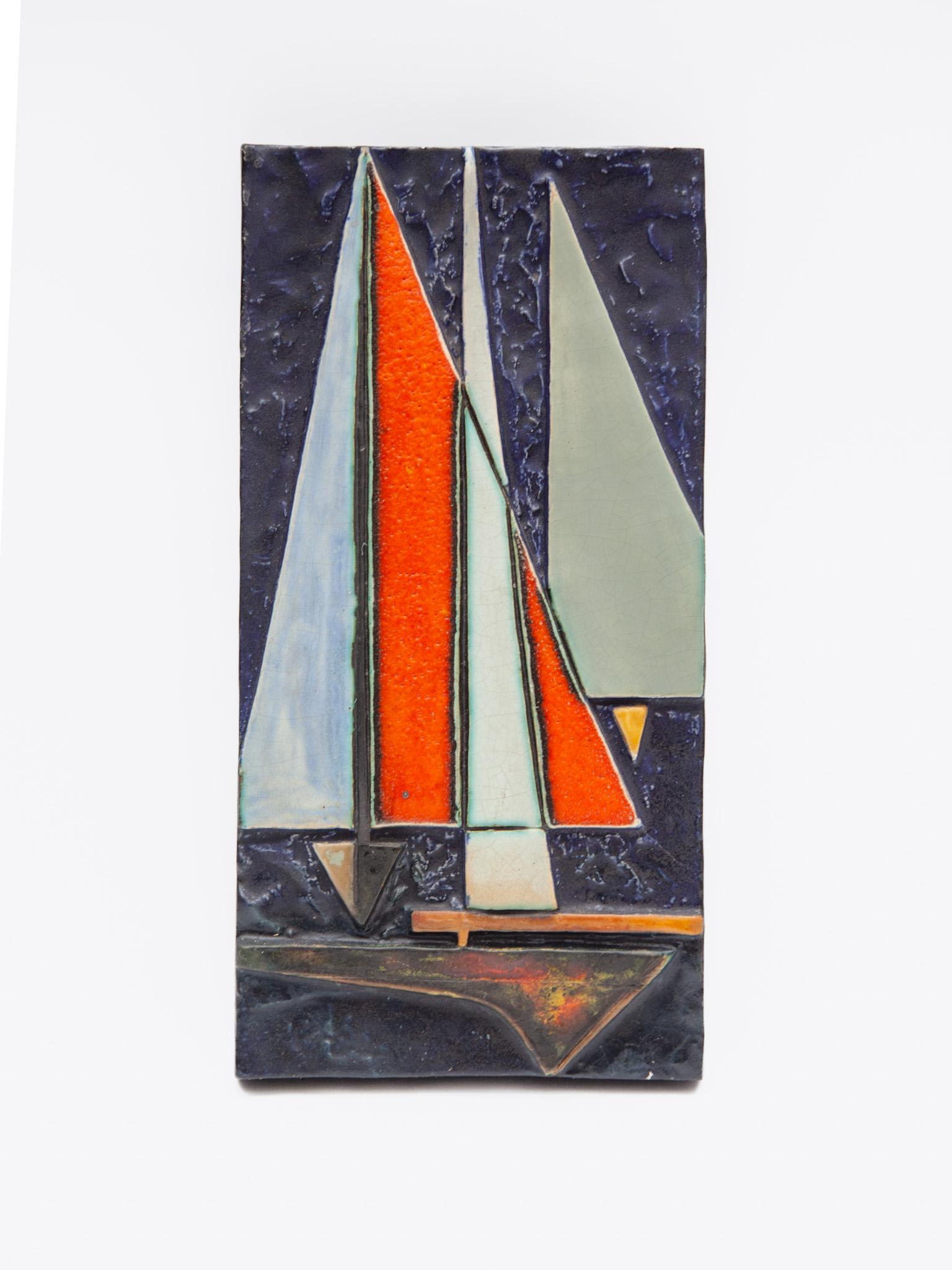 Mid-Century Modern German Abstract Sailing Boat Wall Mounted Tile by Helmut Schäffenacker, 1960s For Sale