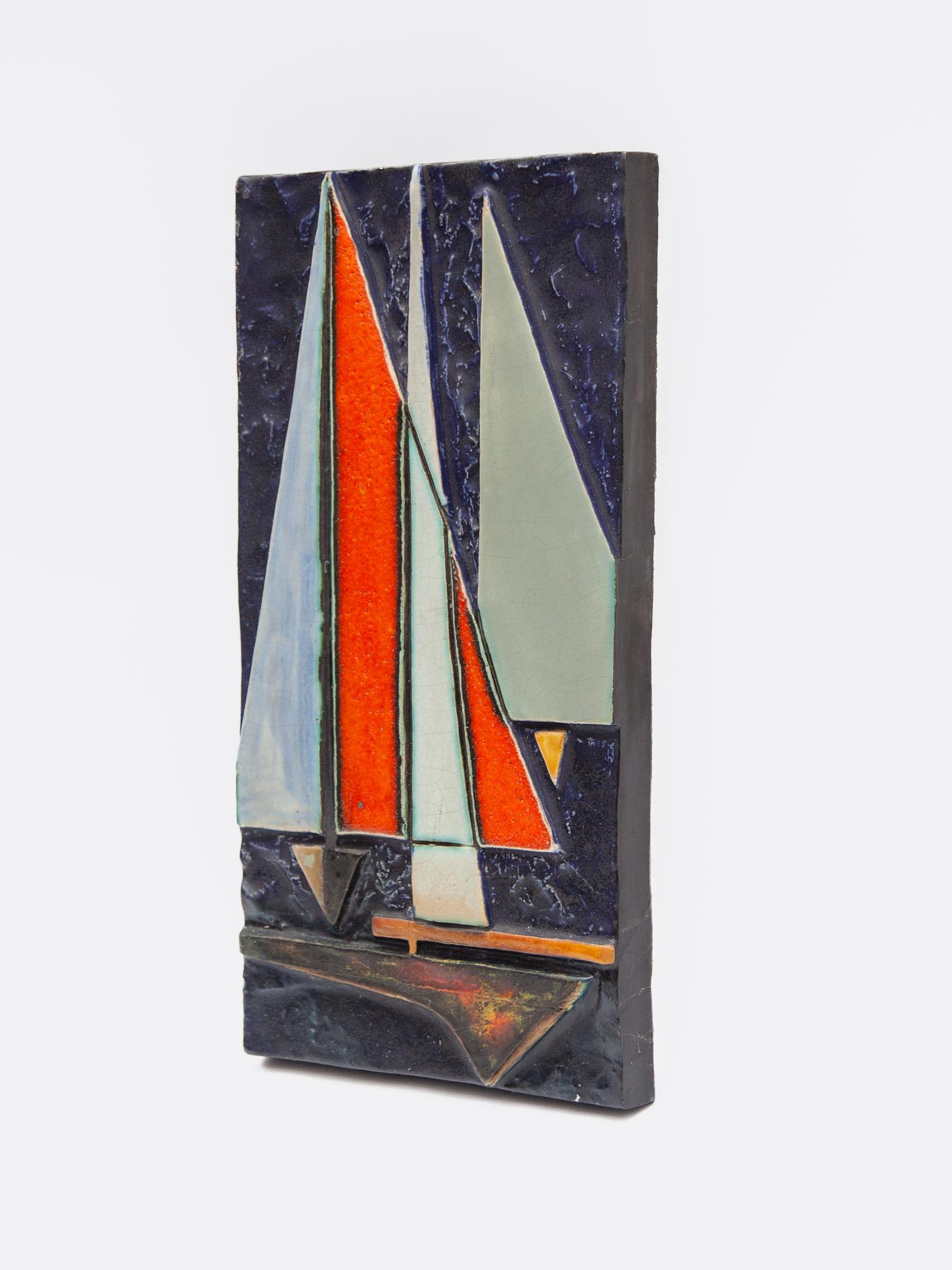 Hand-Crafted German Abstract Sailing Boat Wall Mounted Tile by Helmut Schäffenacker, 1960s For Sale