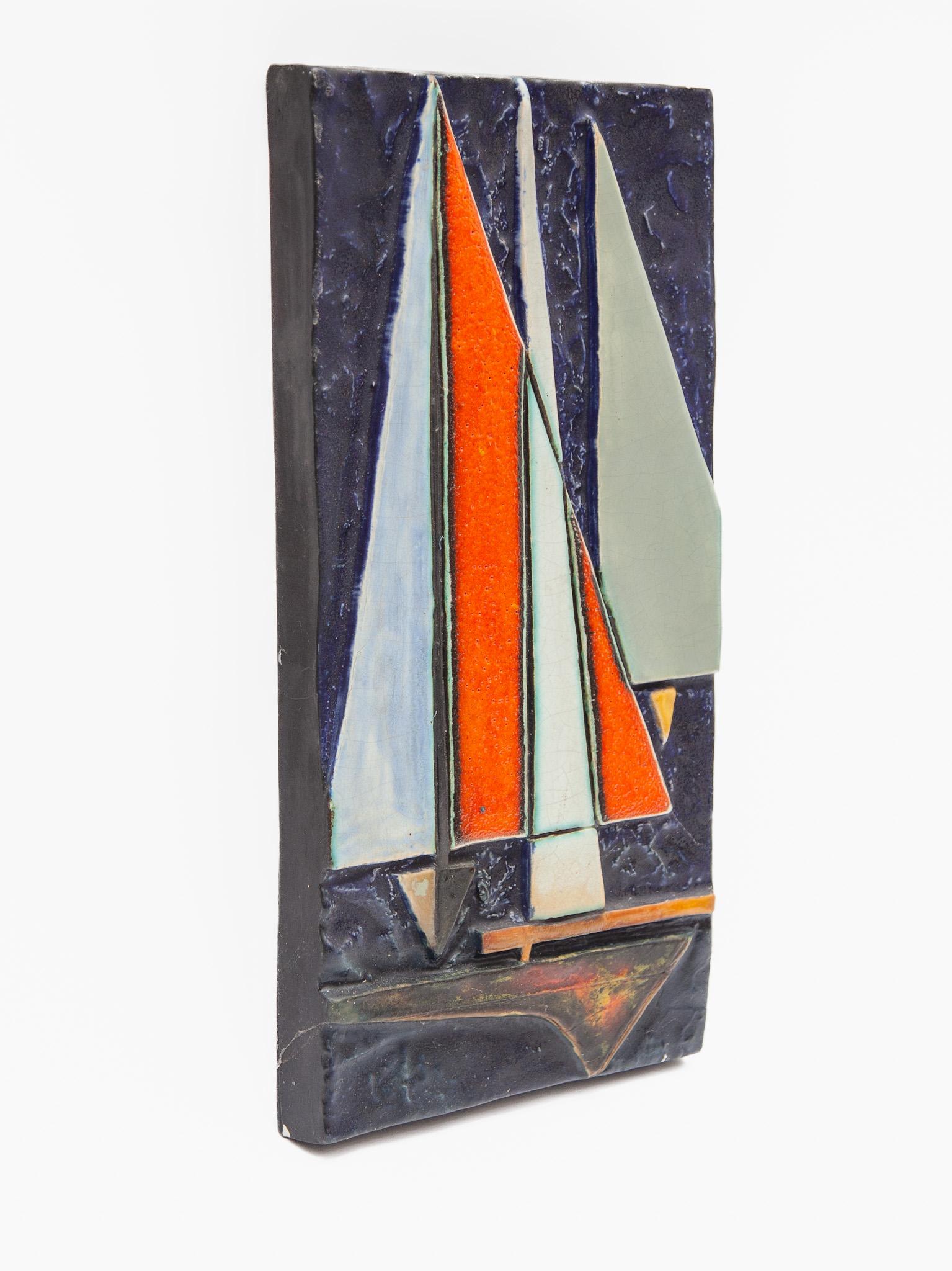 Mid-20th Century German Abstract Sailing Boat Wall Mounted Tile by Helmut Schäffenacker, 1960s For Sale